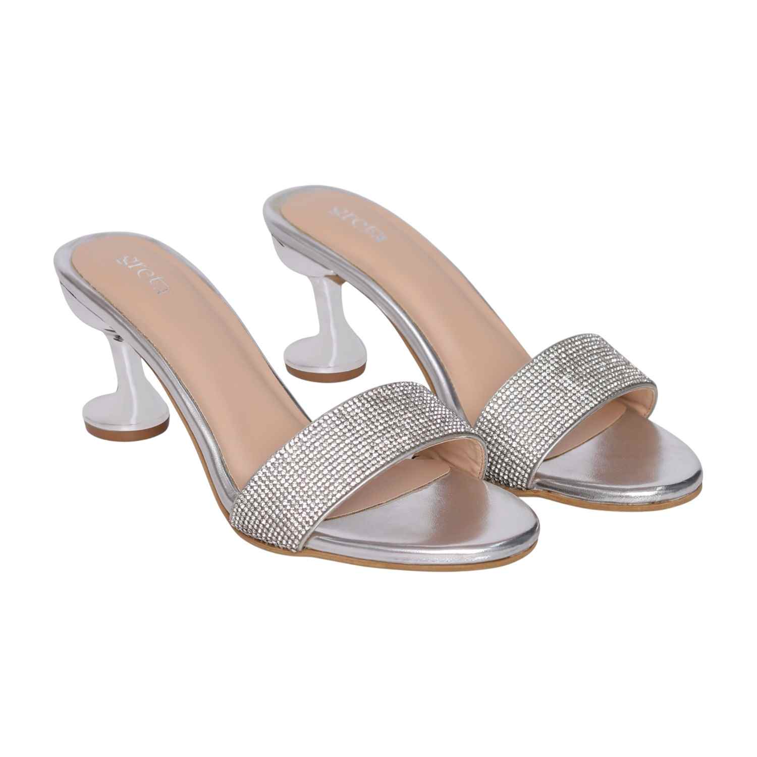 Women’s Silver Crystal Slip-On Heels with  Sculpted Heel