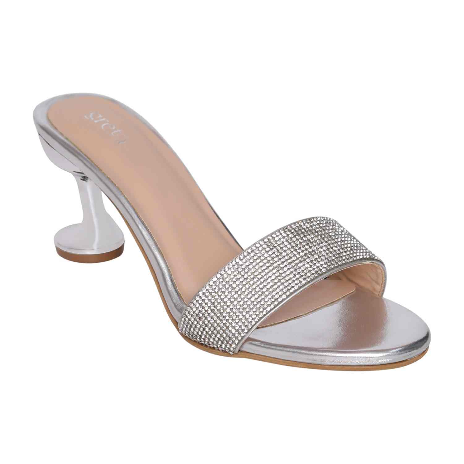 Women’s Silver Crystal Slip-On Heels with  Sculpted Heel