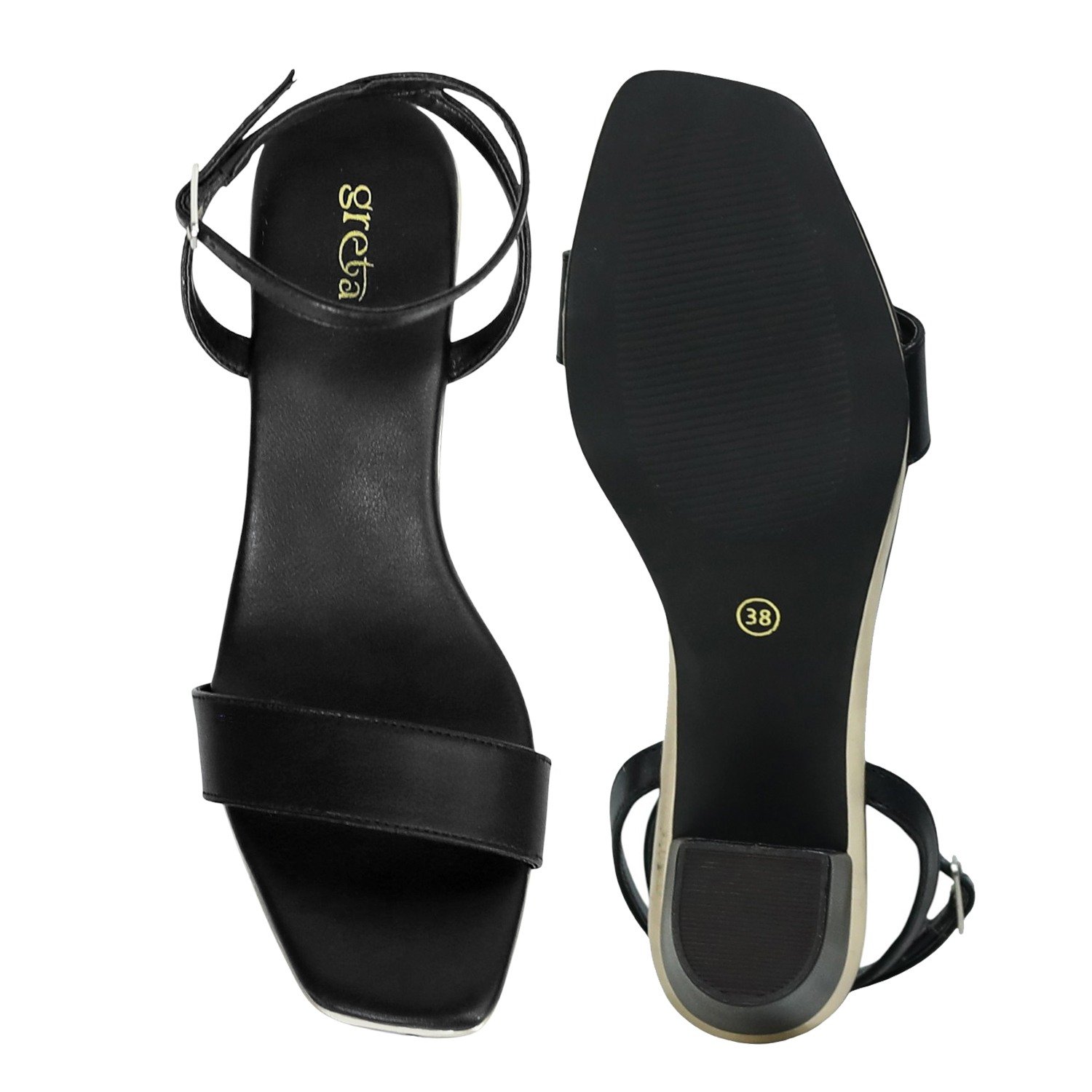 Black Block Heel Sandals with Single Strap & Ankle Buckle
