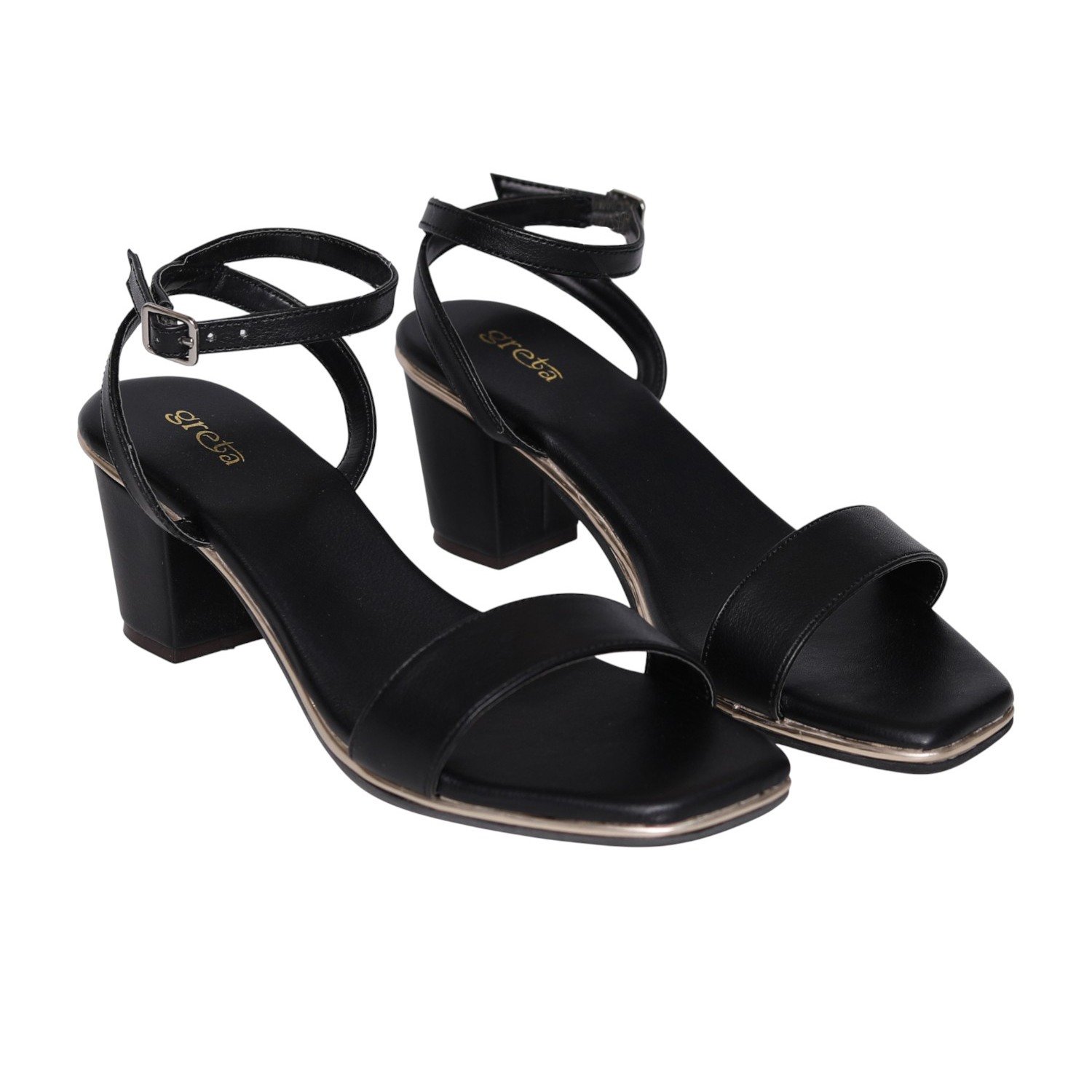 Black Block Heel Sandals with Single Strap & Ankle Buckle