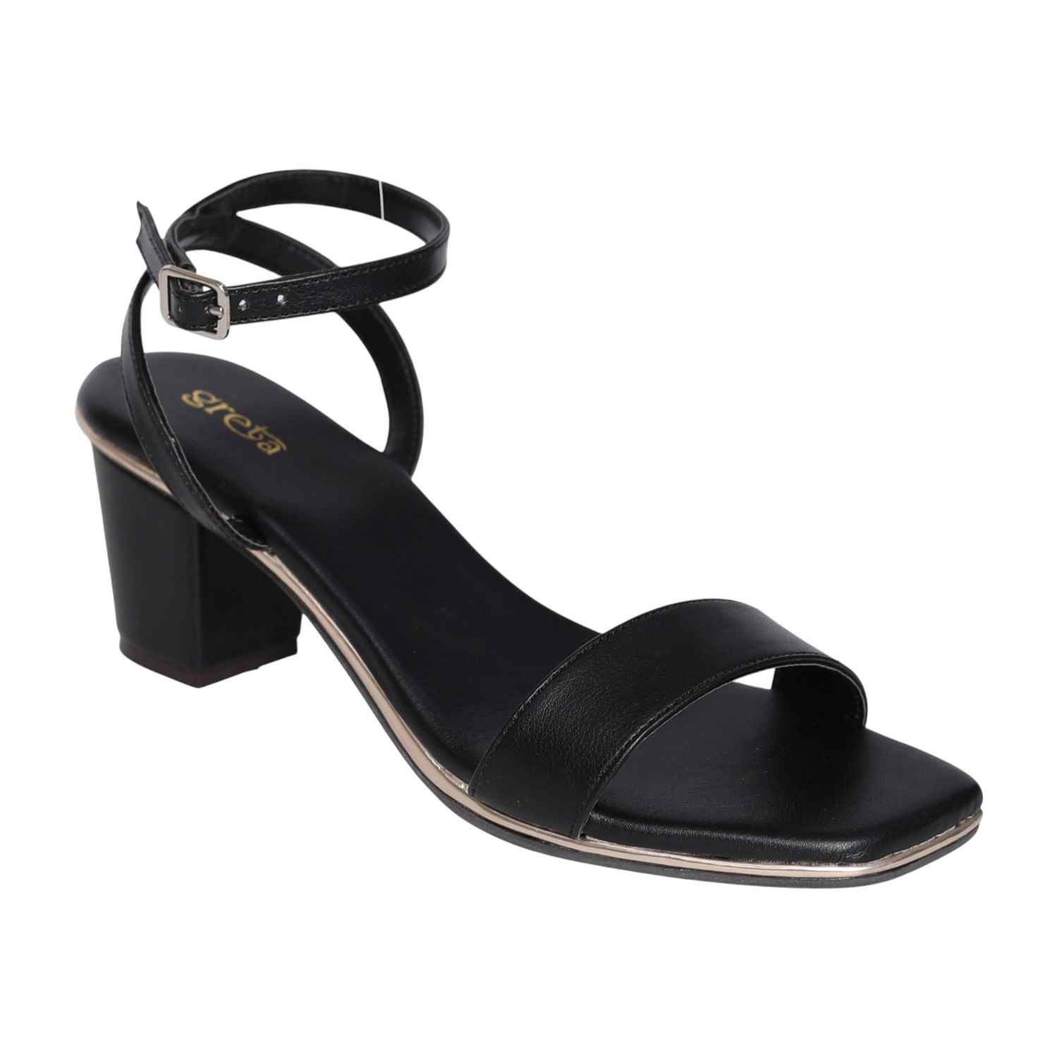 Black Block Heel Sandals with Single Strap & Ankle Buckle