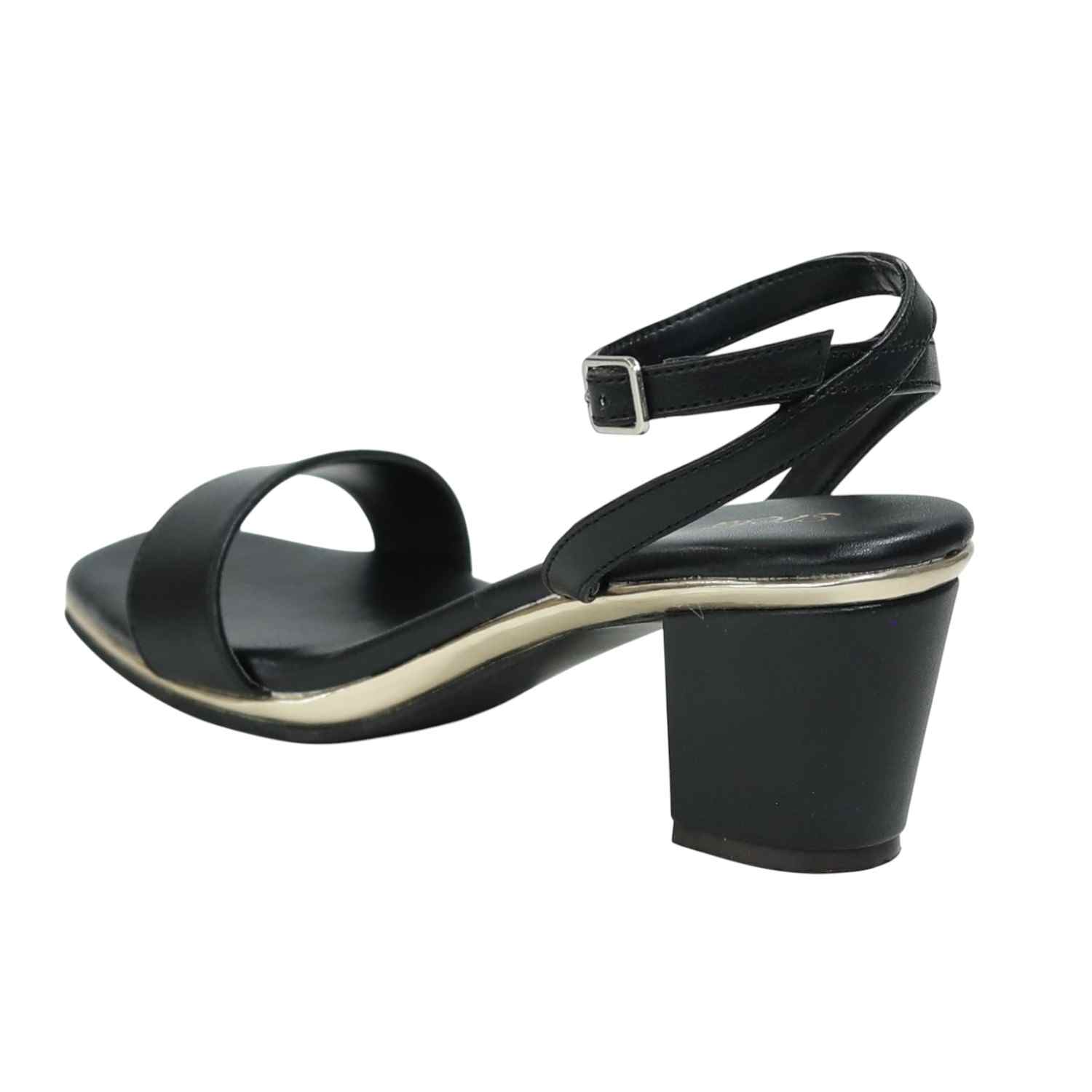 Black Block Heel Sandals with Single Strap & Ankle Buckle