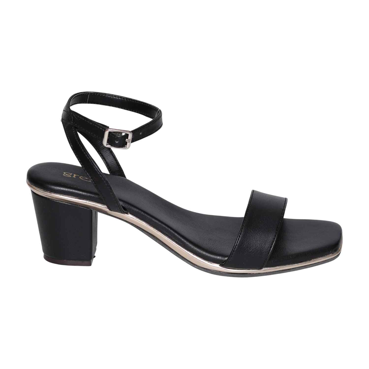 Black Block Heel Sandals with Single Strap & Ankle Buckle