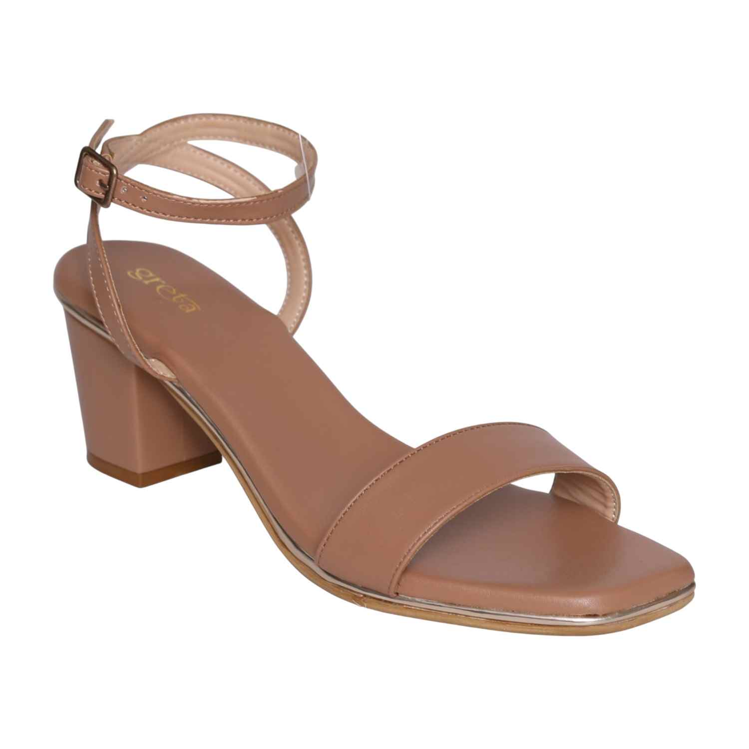 Mude Coloured Block Heel Sandals with Single Strap & Ankle Buckle