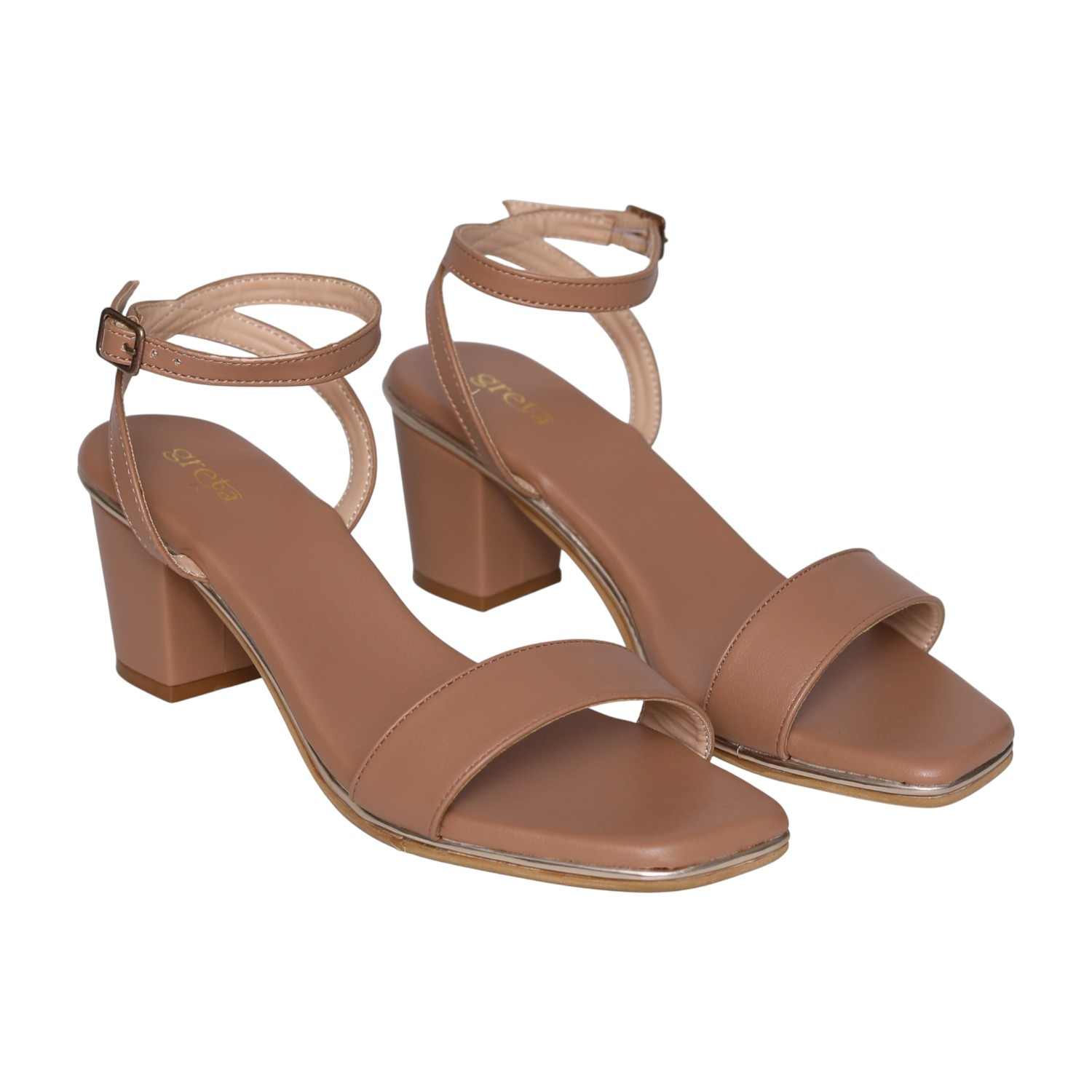 Mude Coloured Block Heel Sandals with Single Strap & Ankle Buckle
