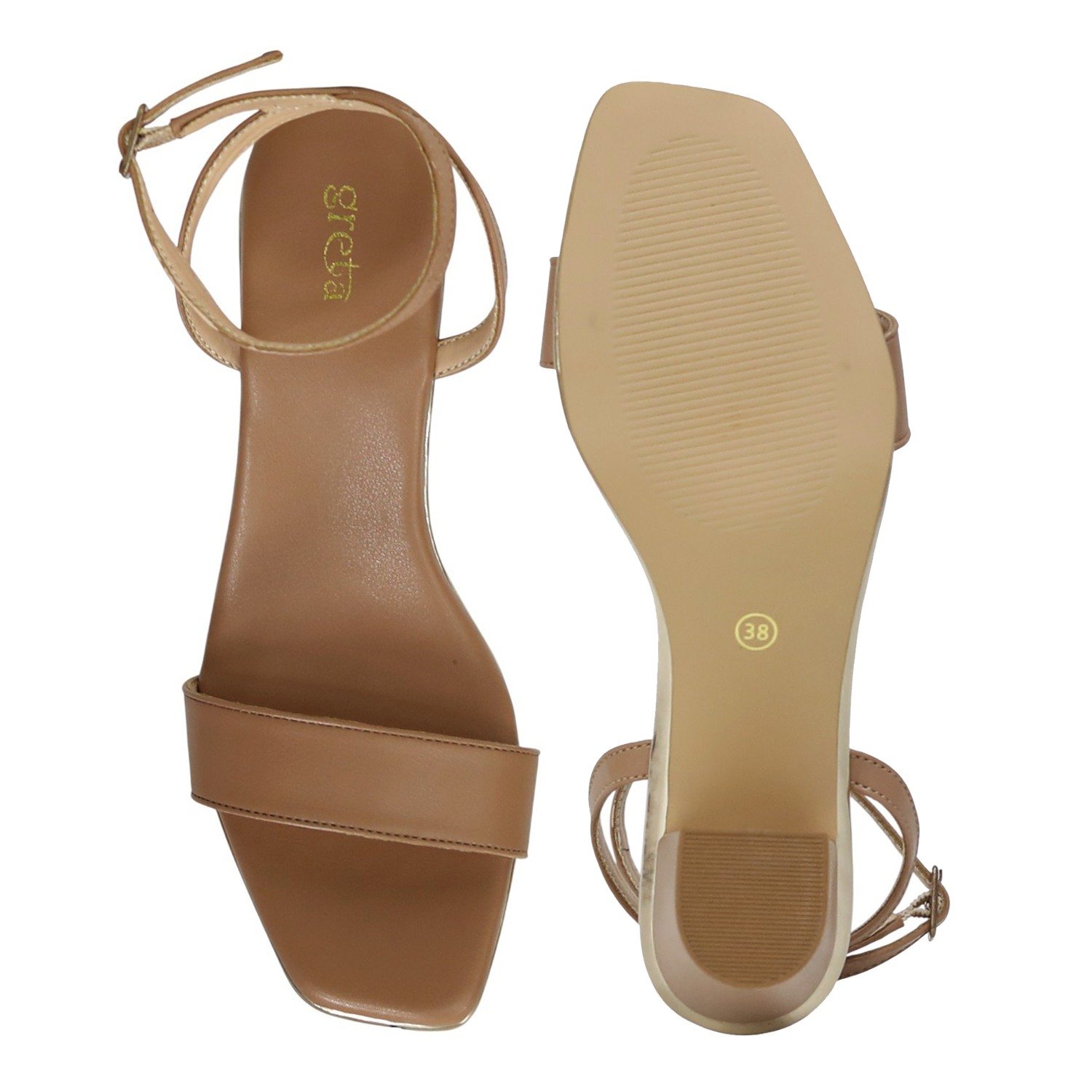 Mude Coloured Block Heel Sandals with Single Strap & Ankle Buckle