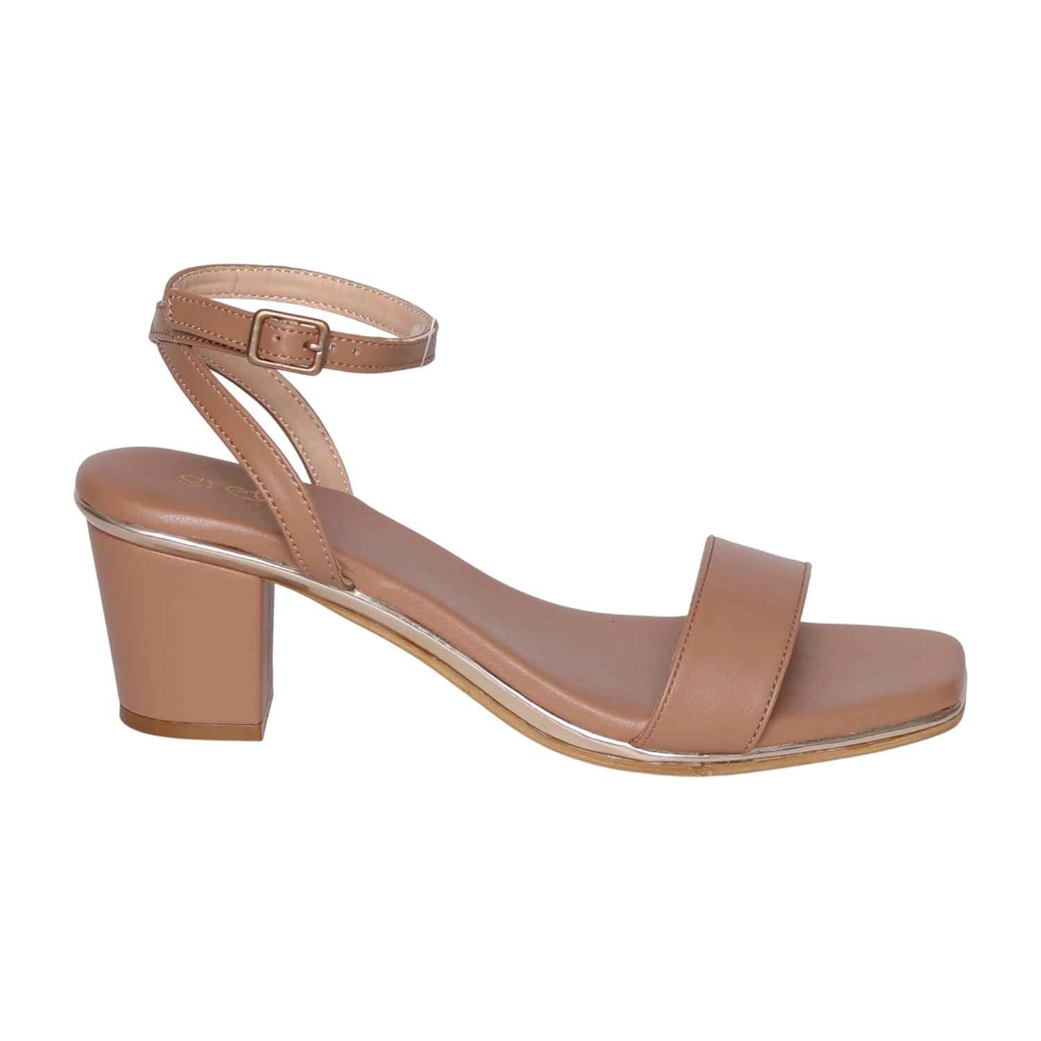 Mude Coloured Block Heel Sandals with Single Strap & Ankle Buckle