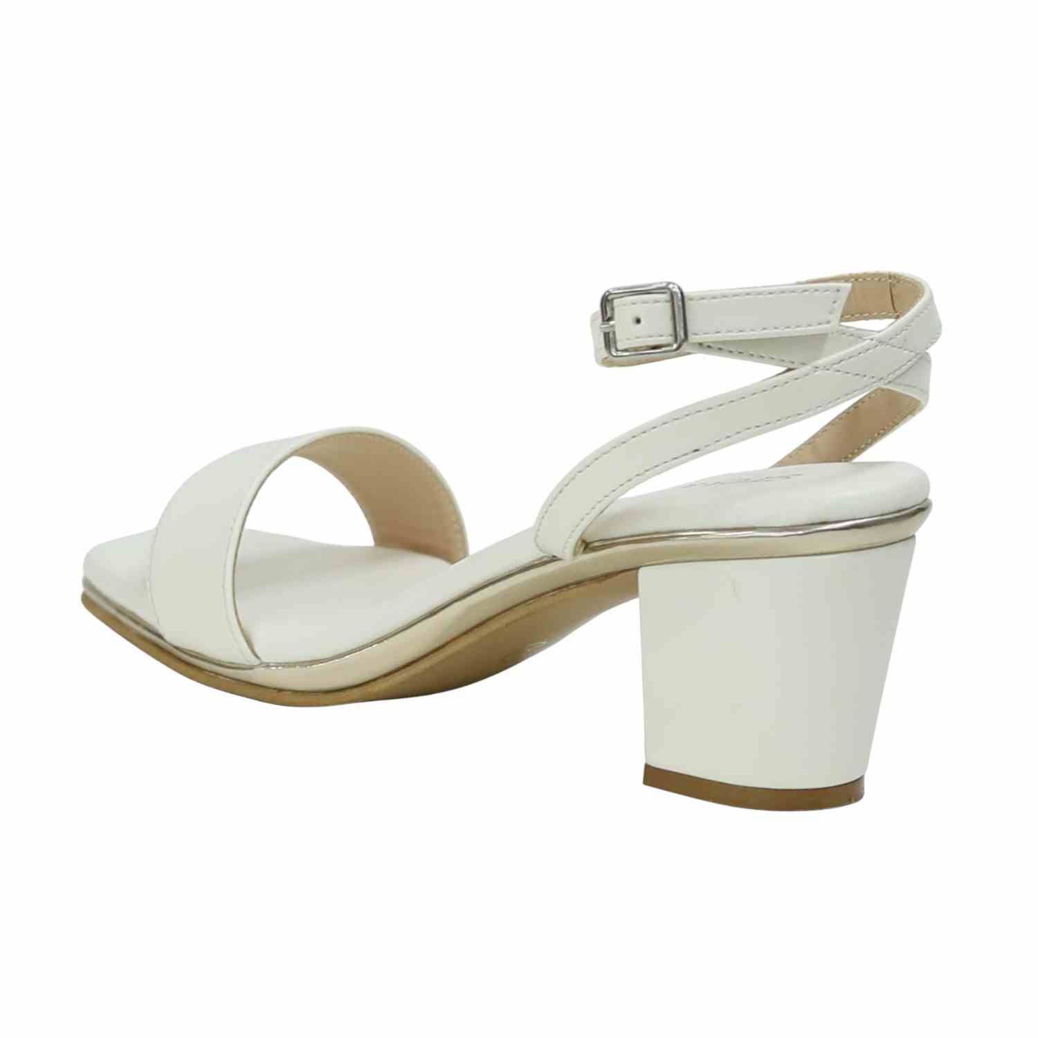 White Block Heel Sandals with Single Strap & Ankle Buckle