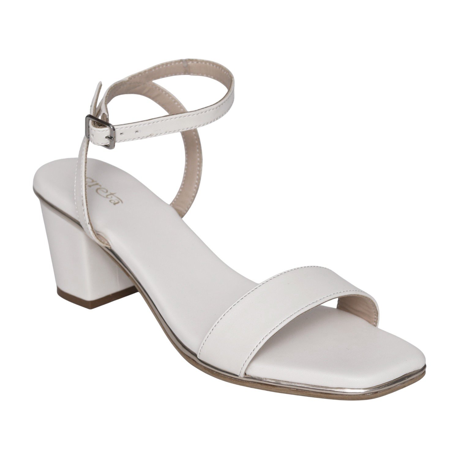 White Block Heel Sandals with Single Strap & Ankle Buckle