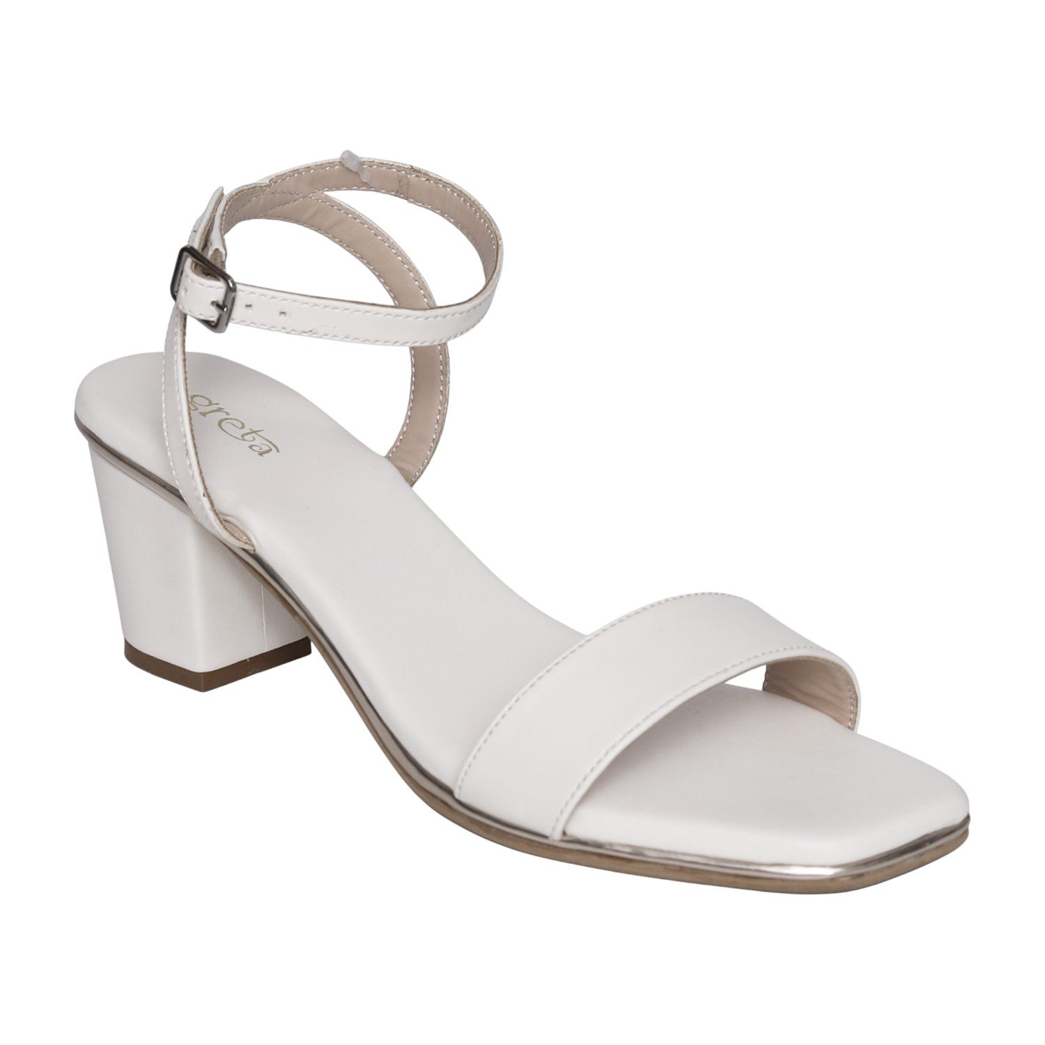 White Block Heel Sandals with Single Strap & Ankle Buckle