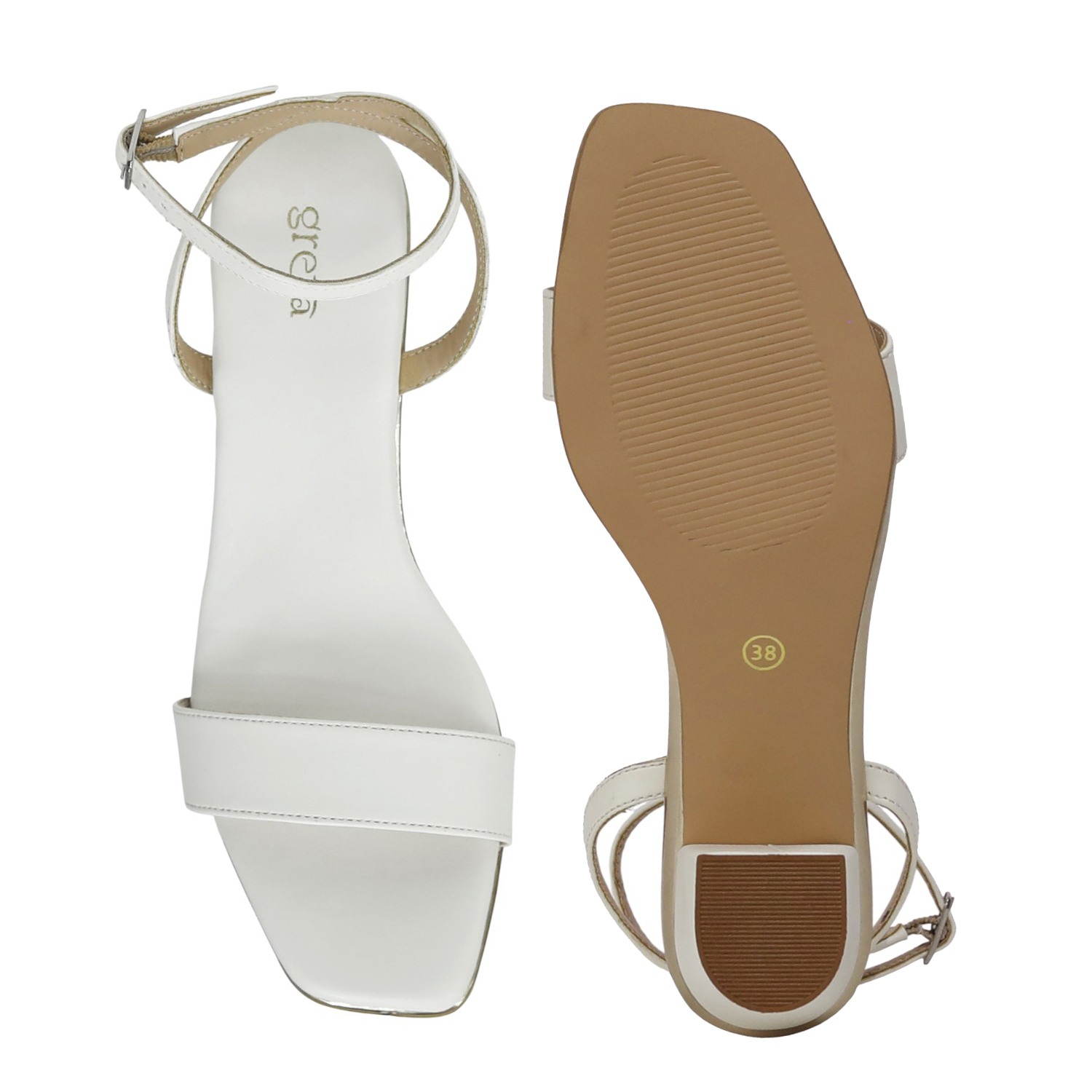 White Block Heel Sandals with Single Strap & Ankle Buckle