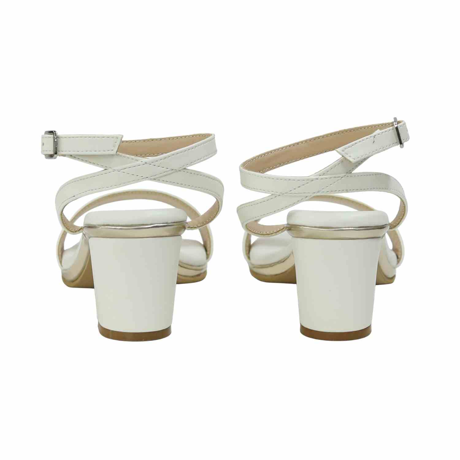 White Block Heel Sandals with Single Strap & Ankle Buckle