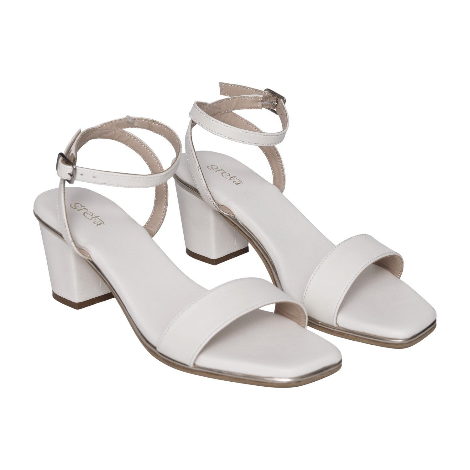 White Block Heel Sandals with Single Strap & Ankle Buckle