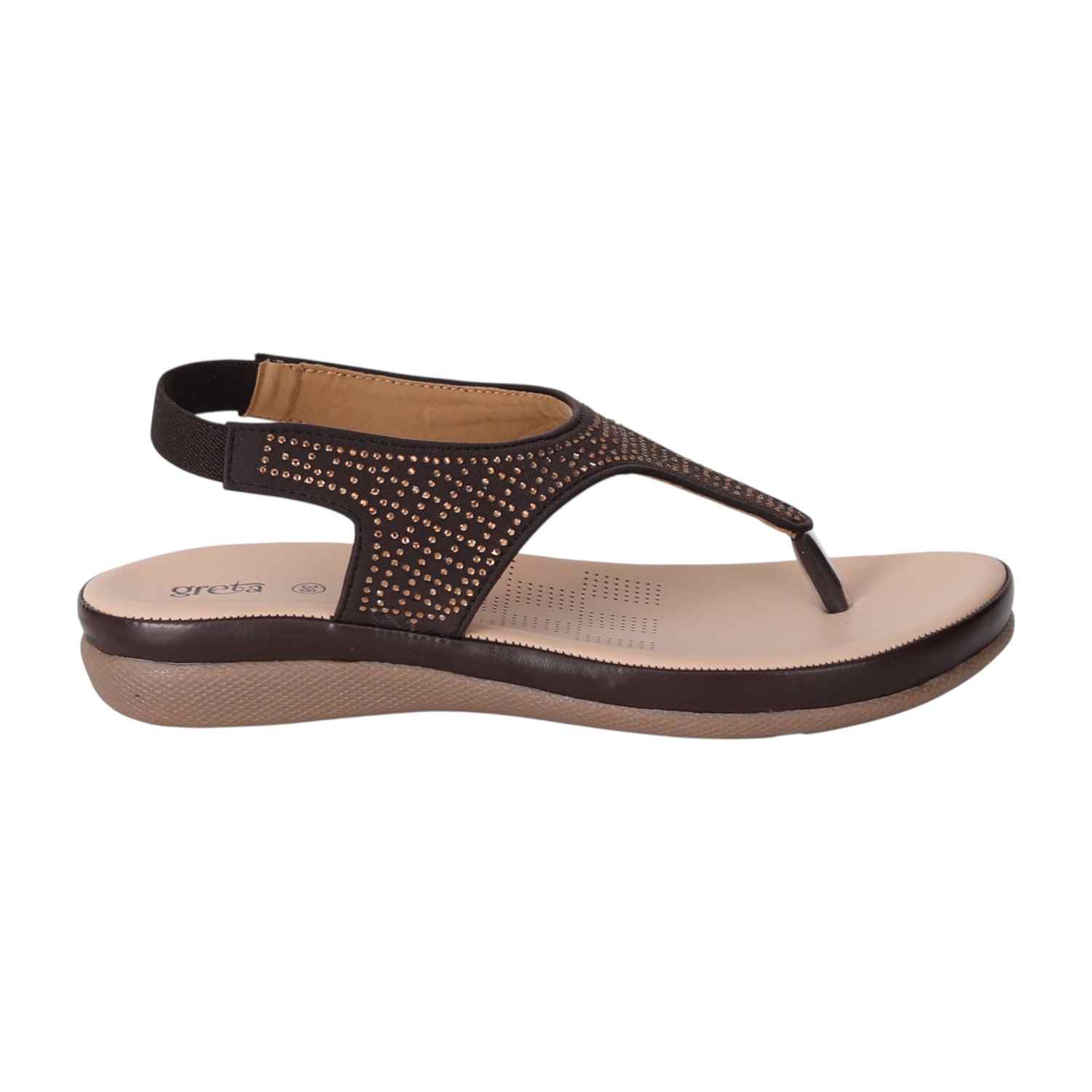 Women Brown T-Strap Sandals with Studded Detailing