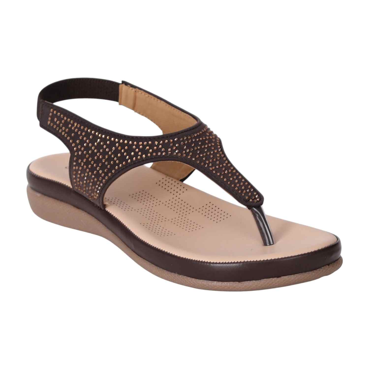 Women Brown T-Strap Sandals with Studded Detailing
