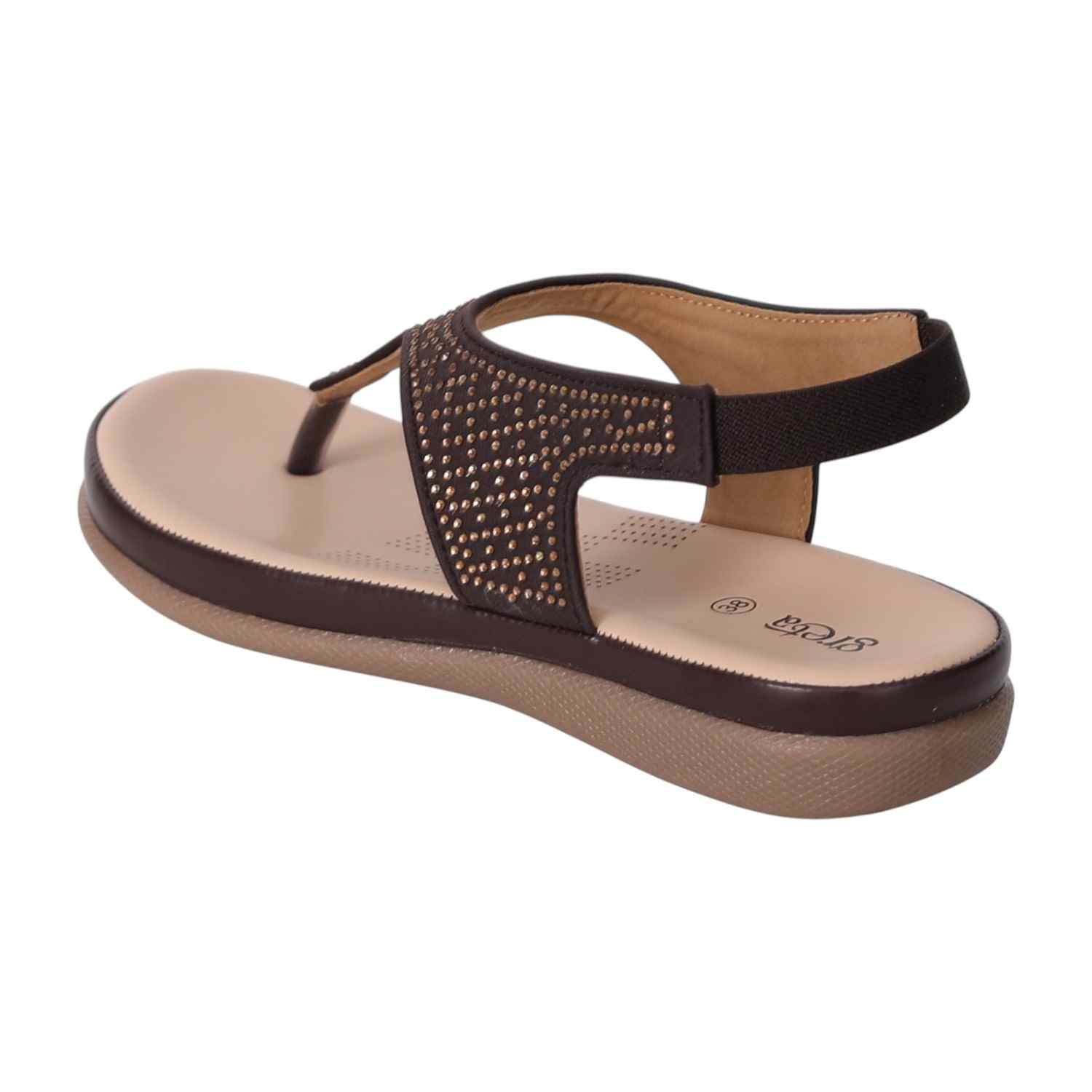 Women Brown T-Strap Sandals with Studded Detailing