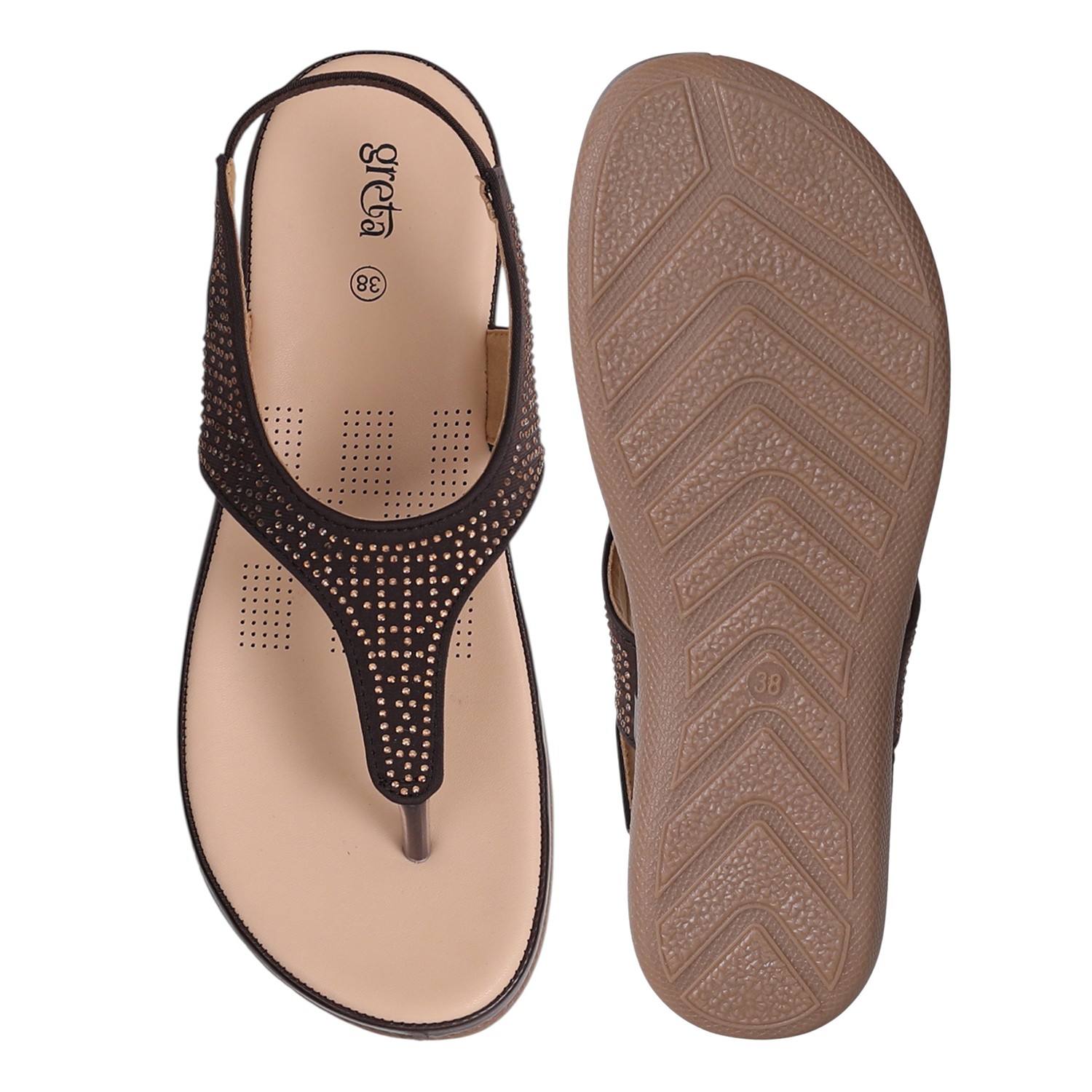 Women Brown T-Strap Sandals with Studded Detailing