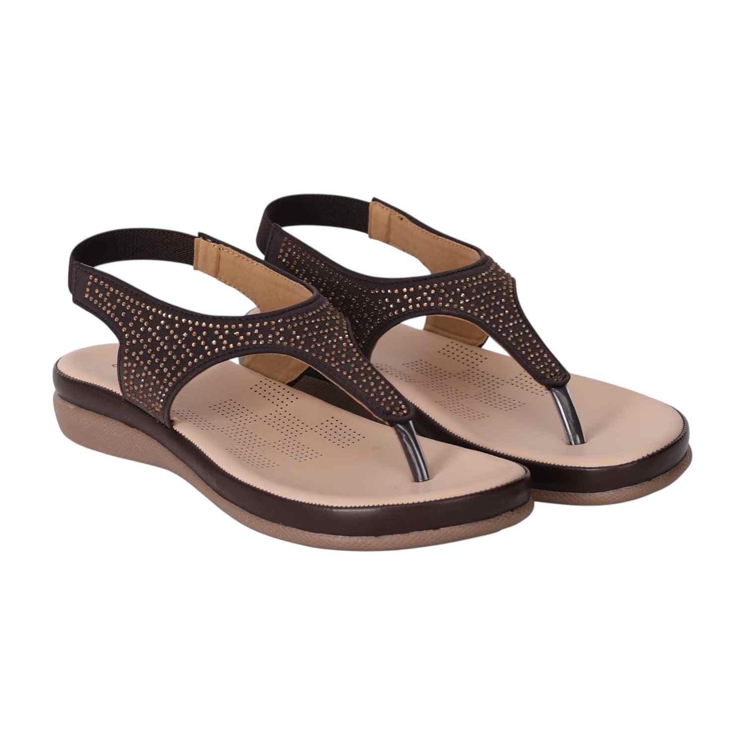 Women Brown T-Strap Sandals with Studded Detailing