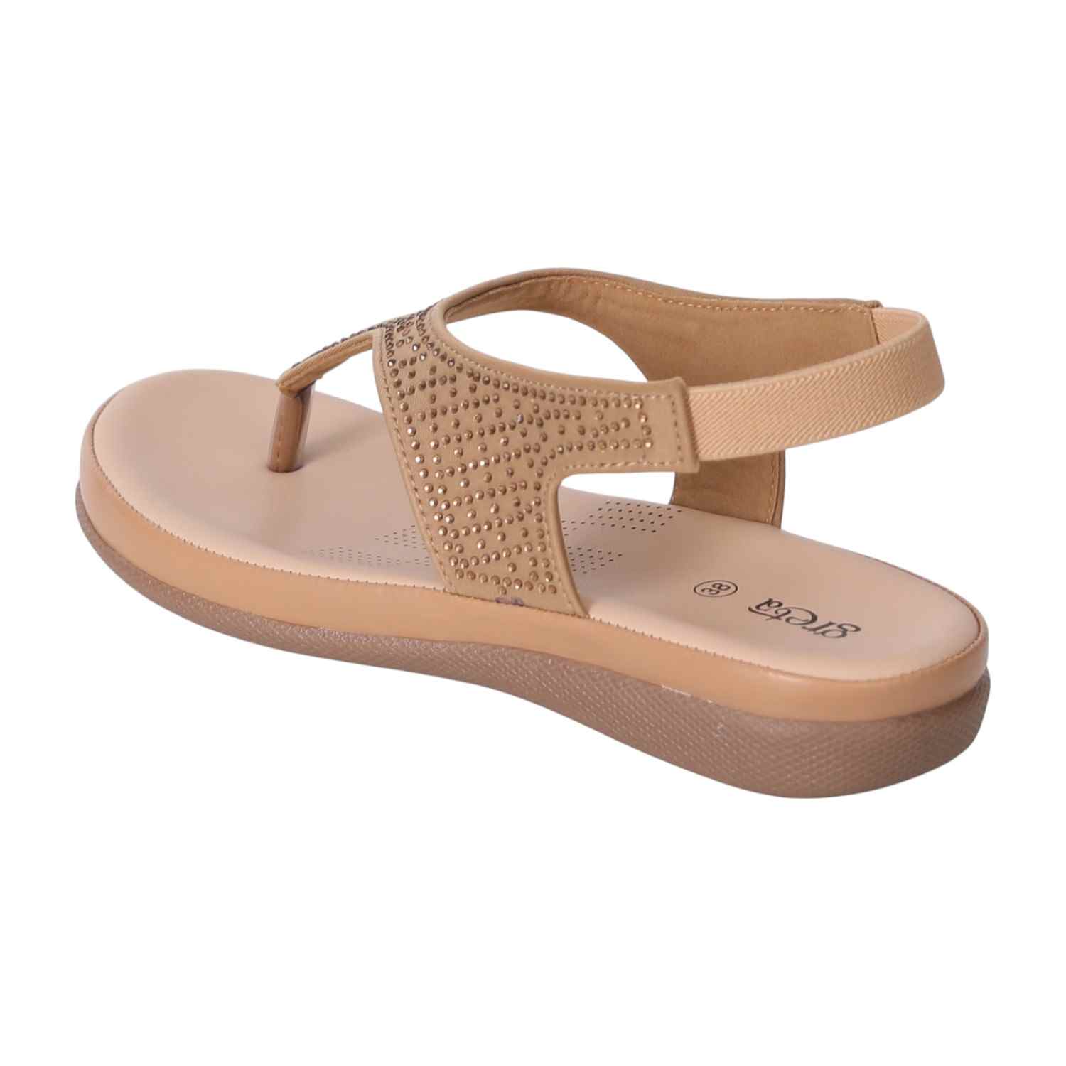 Women Brown T-Strap Sandals with Studded Detailing