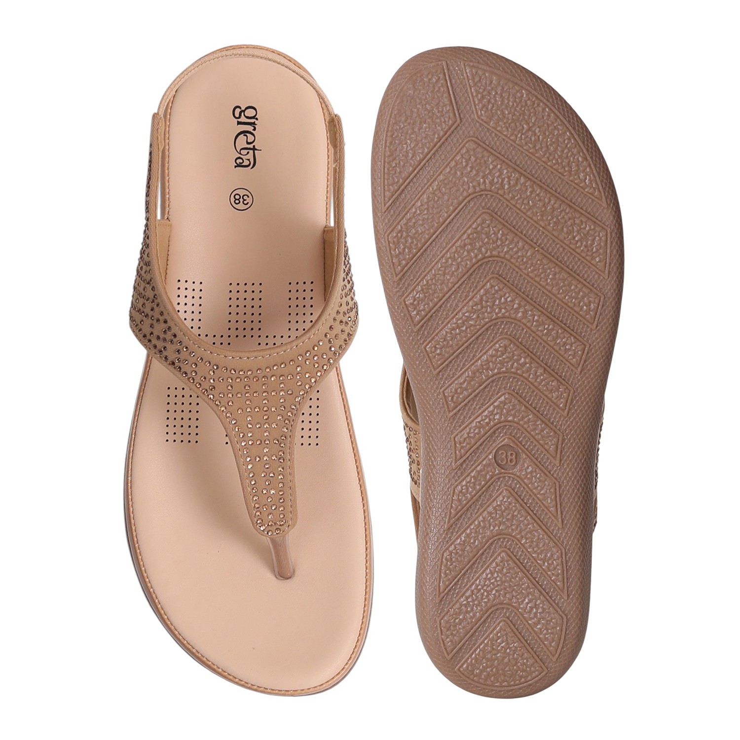 Women Brown T-Strap Sandals with Studded Detailing