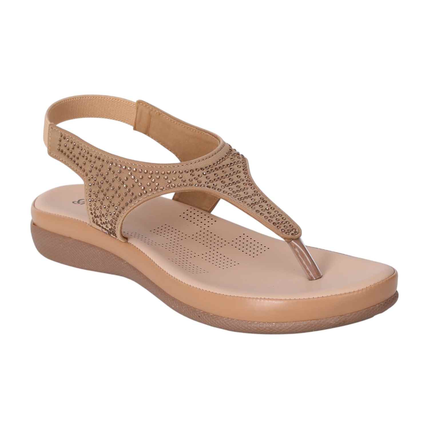 Women Brown T-Strap Sandals with Studded Detailing