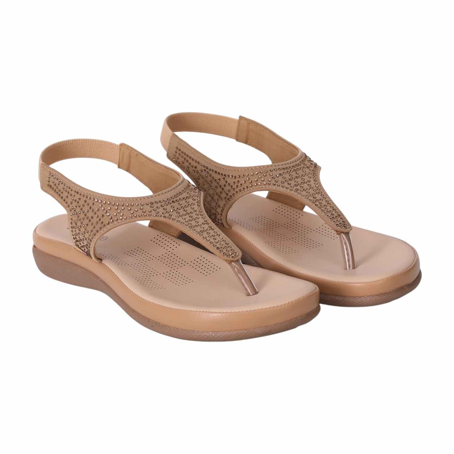Women Brown T-Strap Sandals with Studded Detailing