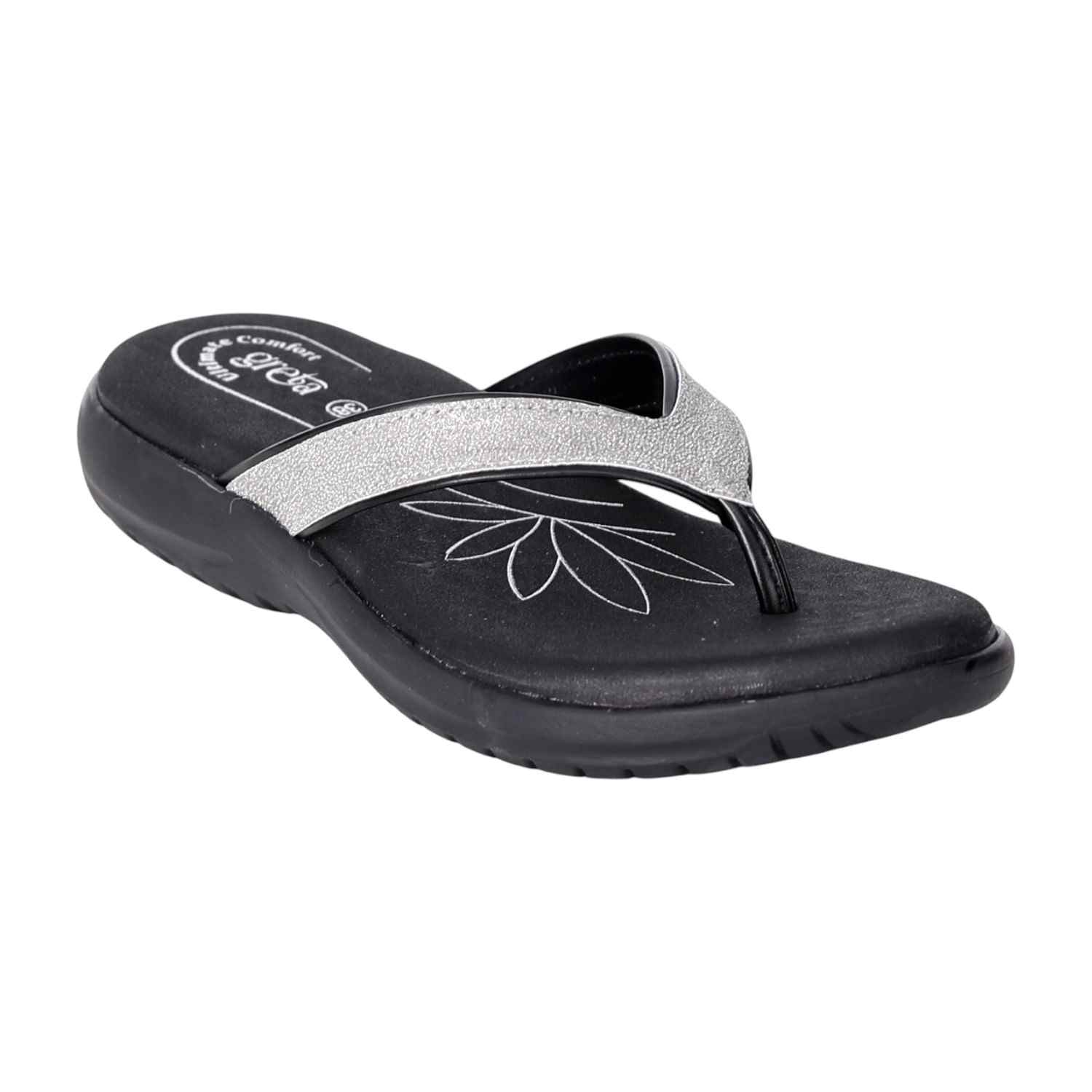 Women Glitter Strap Comfort Sandals with Floral Footbed-Black