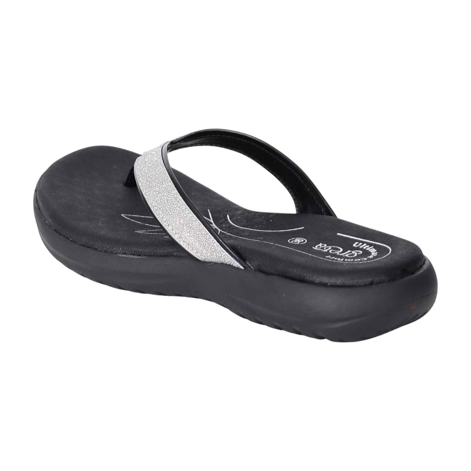 Women Glitter Strap Comfort Sandals with Floral Footbed-Black