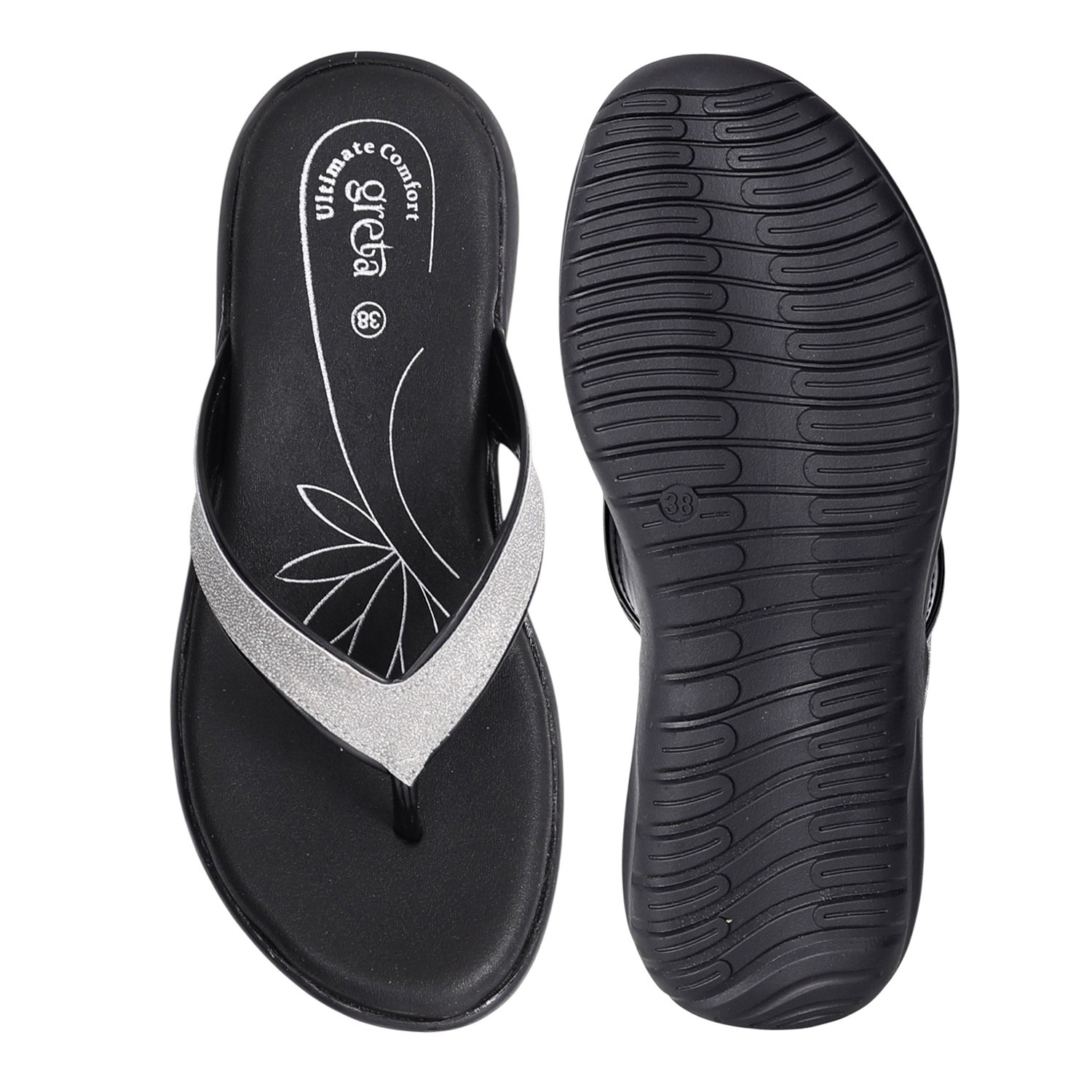 Women Glitter Strap Comfort Sandals with Floral Footbed-Black