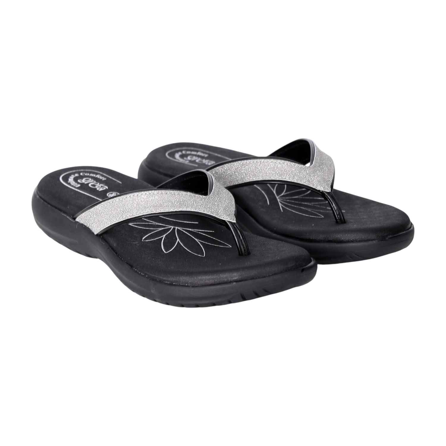 Women Glitter Strap Comfort Sandals with Floral Footbed-Black