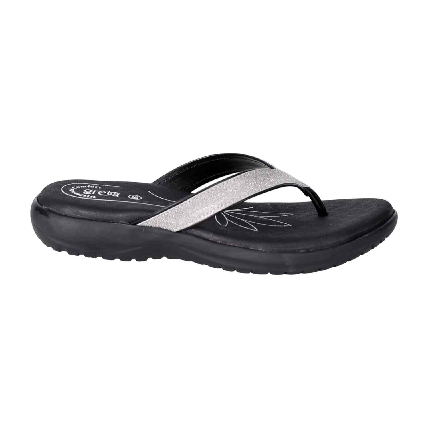 Women Glitter Strap Comfort Sandals with Floral Footbed-Black