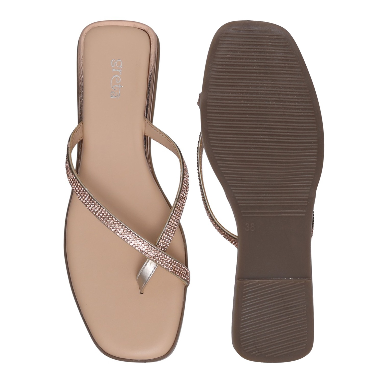 Women's RoseGold Rhinestone Crisscross Flip-Flops