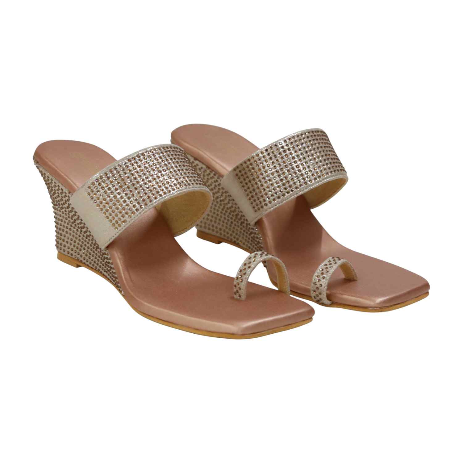 Elegant Silver Studded Toe-Ring Wedge Sandals