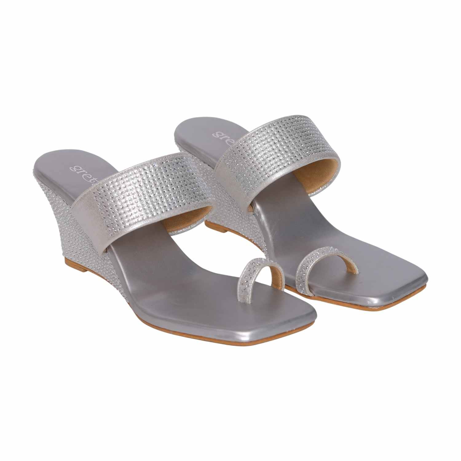 Elegant Silver Studded Toe-Ring Wedge Sandals