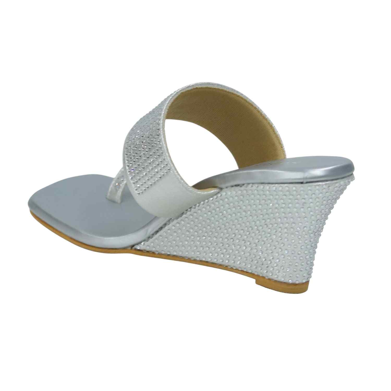 Elegant Silver Studded Toe-Ring Wedge Sandals