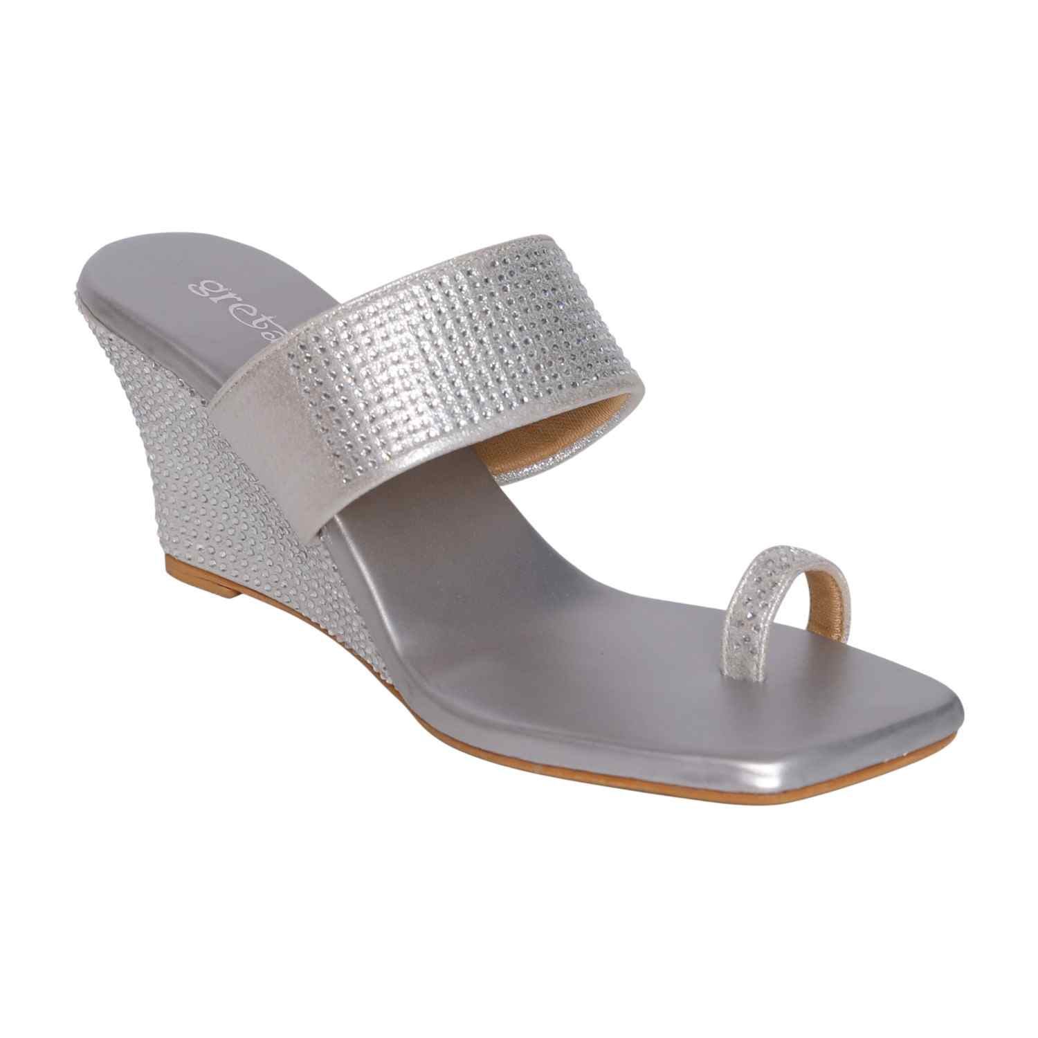 Elegant Silver Studded Toe-Ring Wedge Sandals