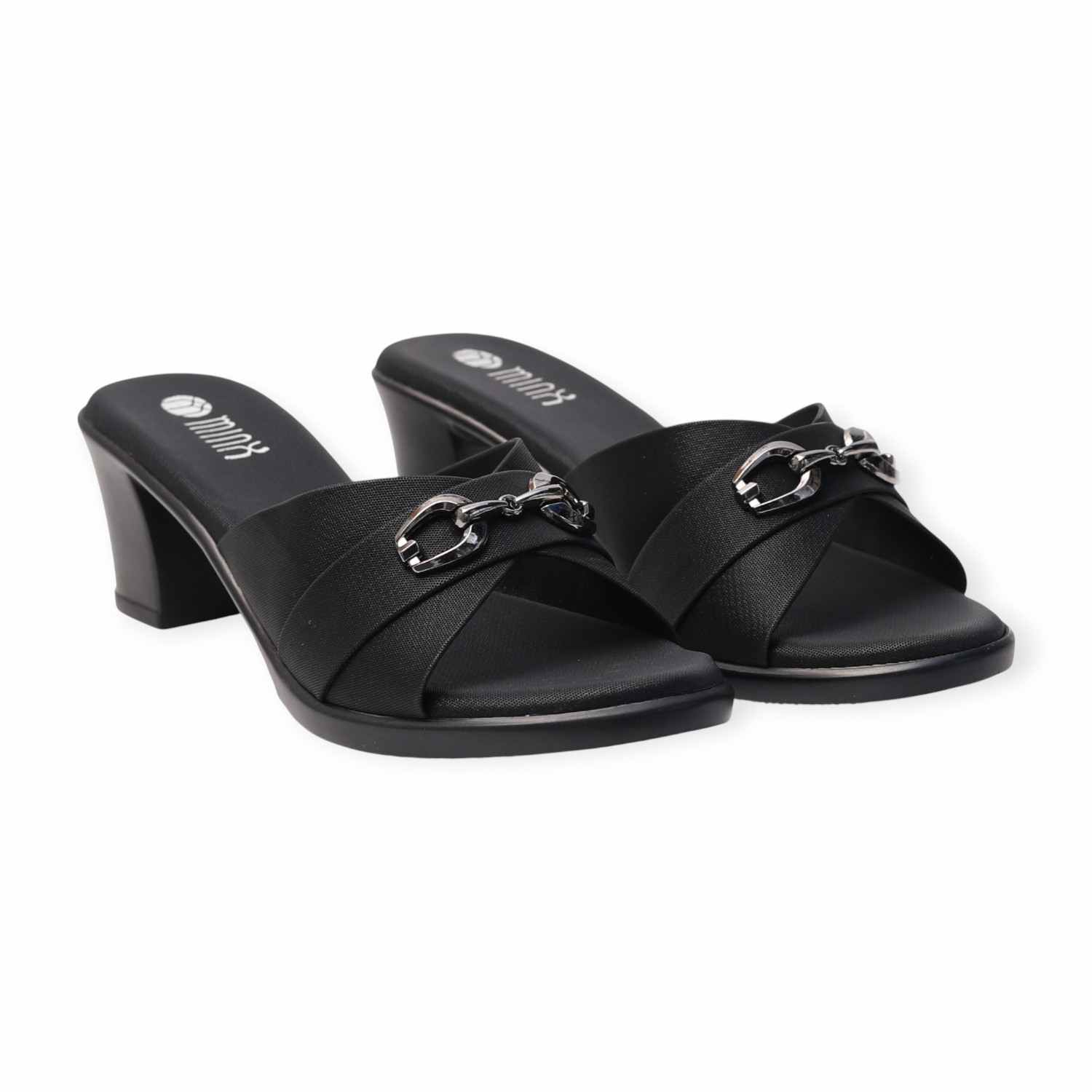 Minx Black Block Heels with Metal Detailing