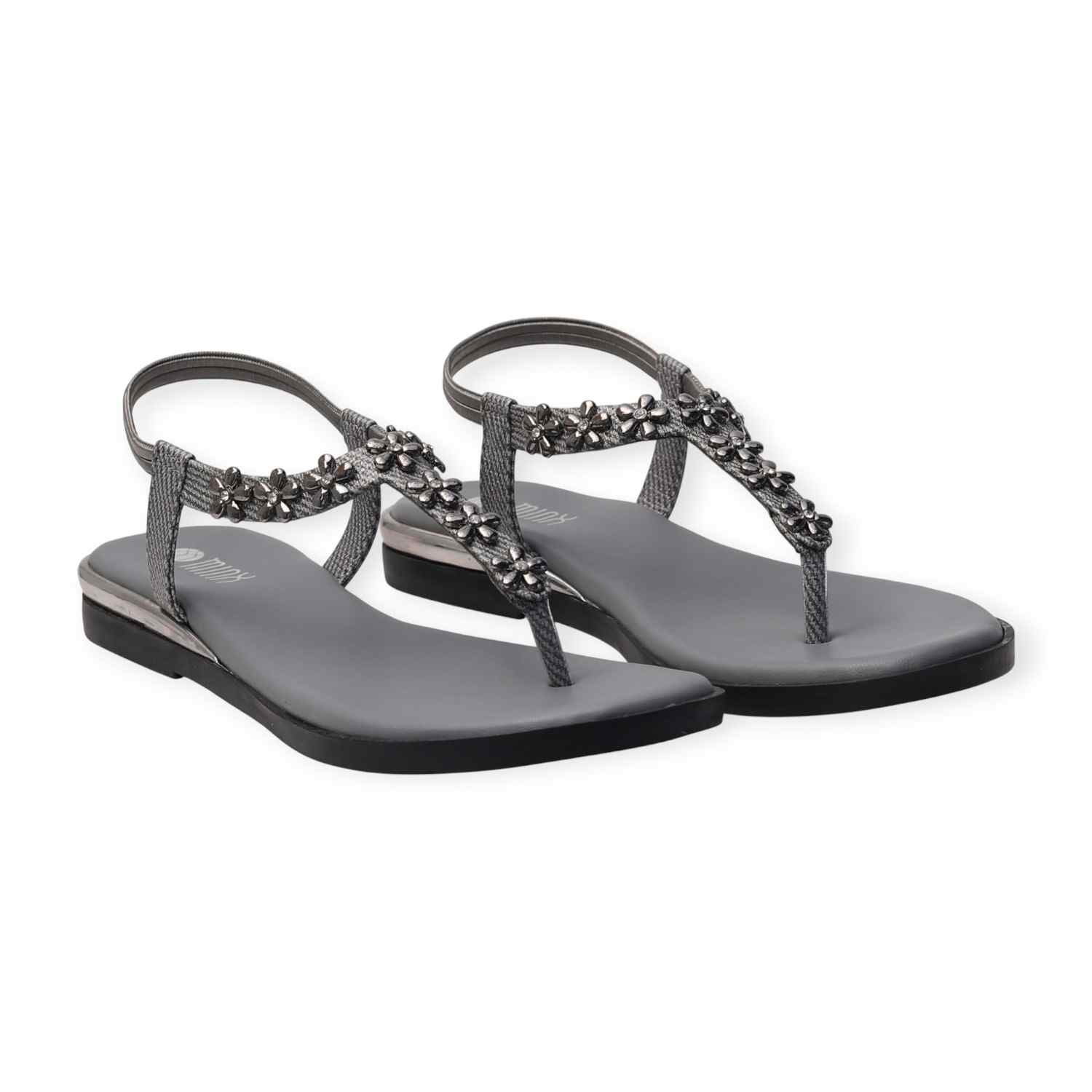 Minx Women’s Grey Embellished Flat Sandals with Toe-Post Design