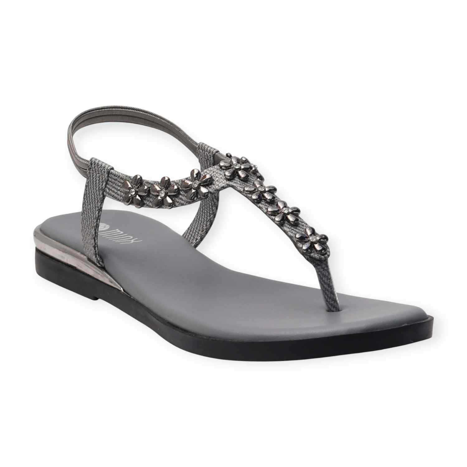 Minx Women’s Grey Embellished Flat Sandals with Toe-Post Design