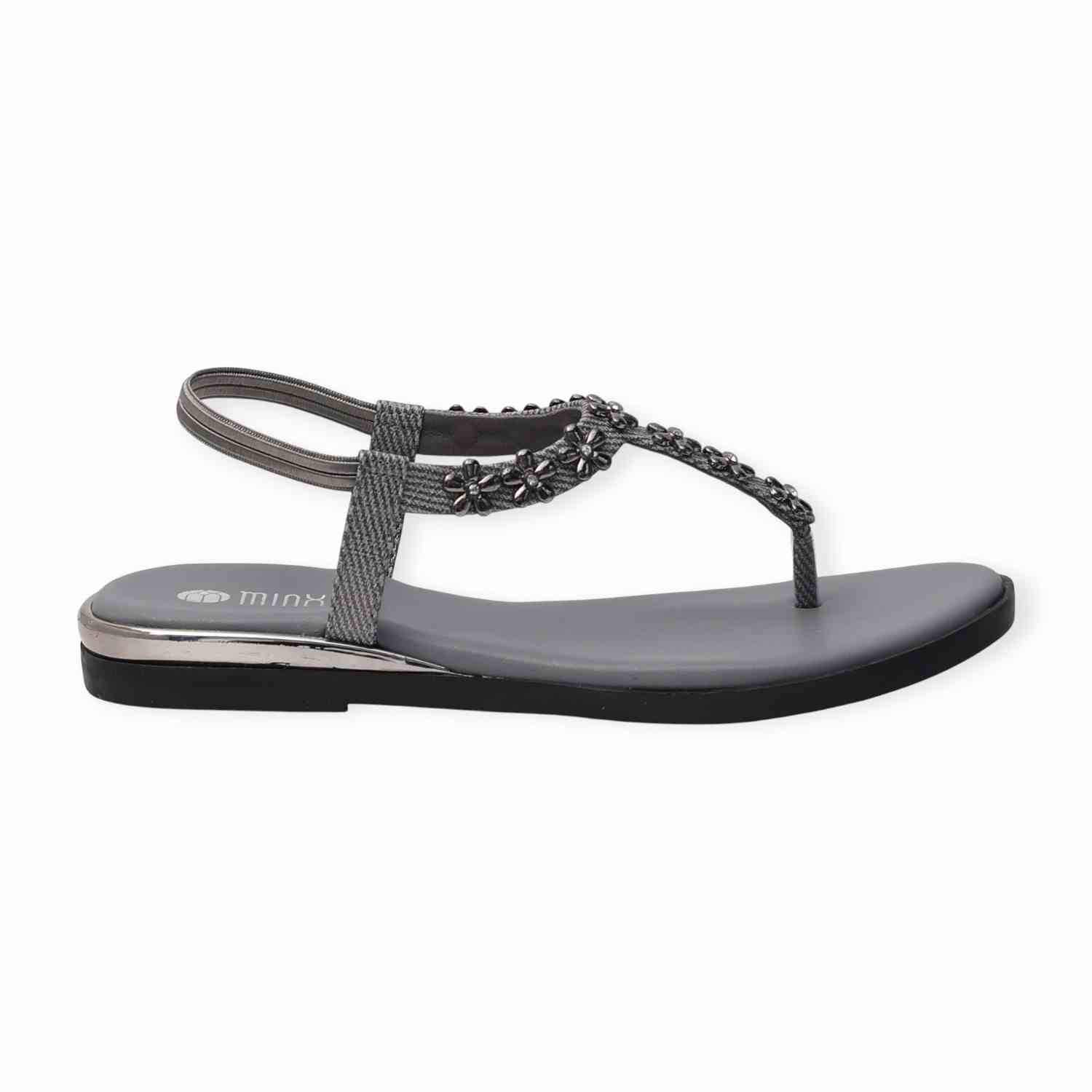 Minx Women’s Grey Embellished Flat Sandals with Toe-Post Design