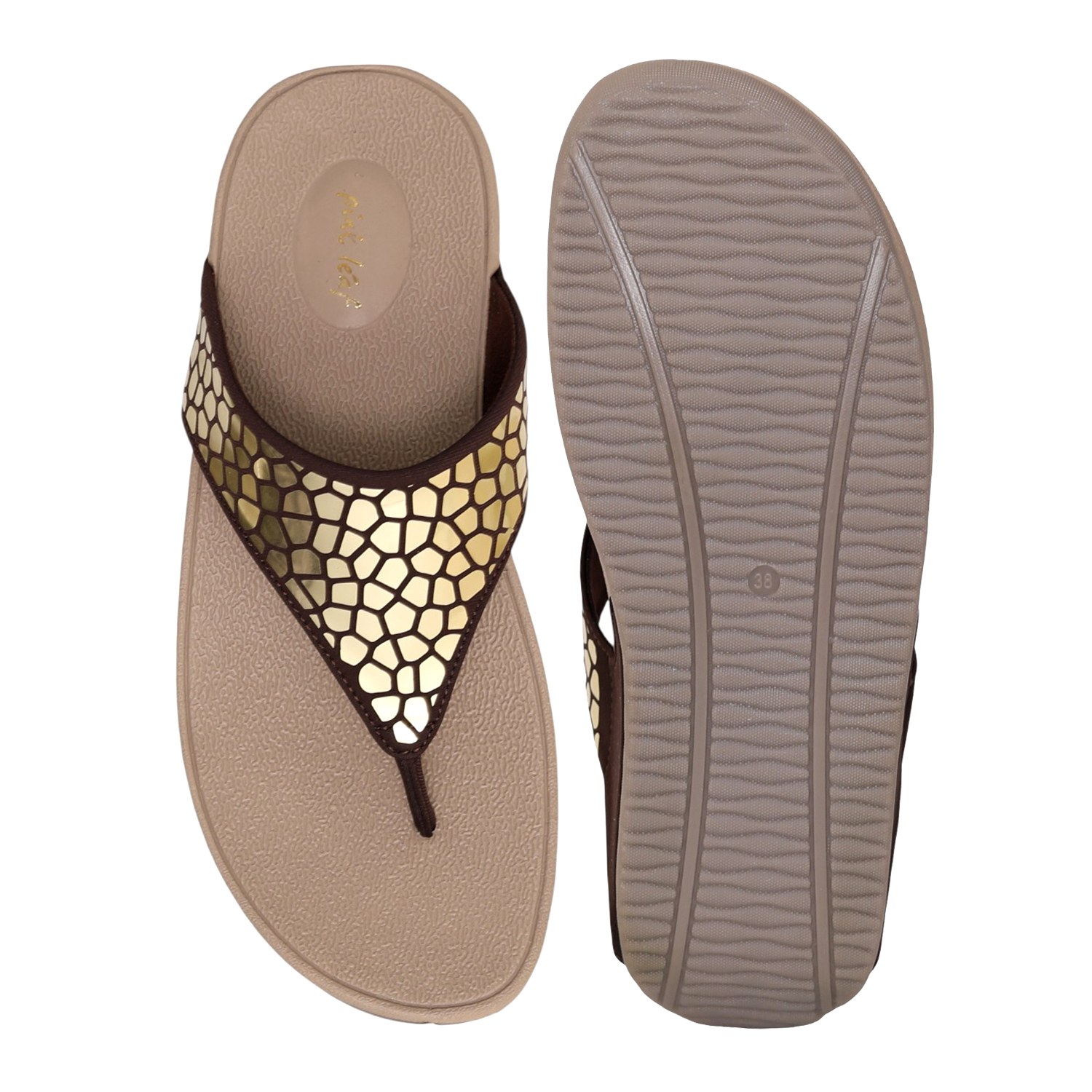 Womens Bronze  Mirror Thong Wedges