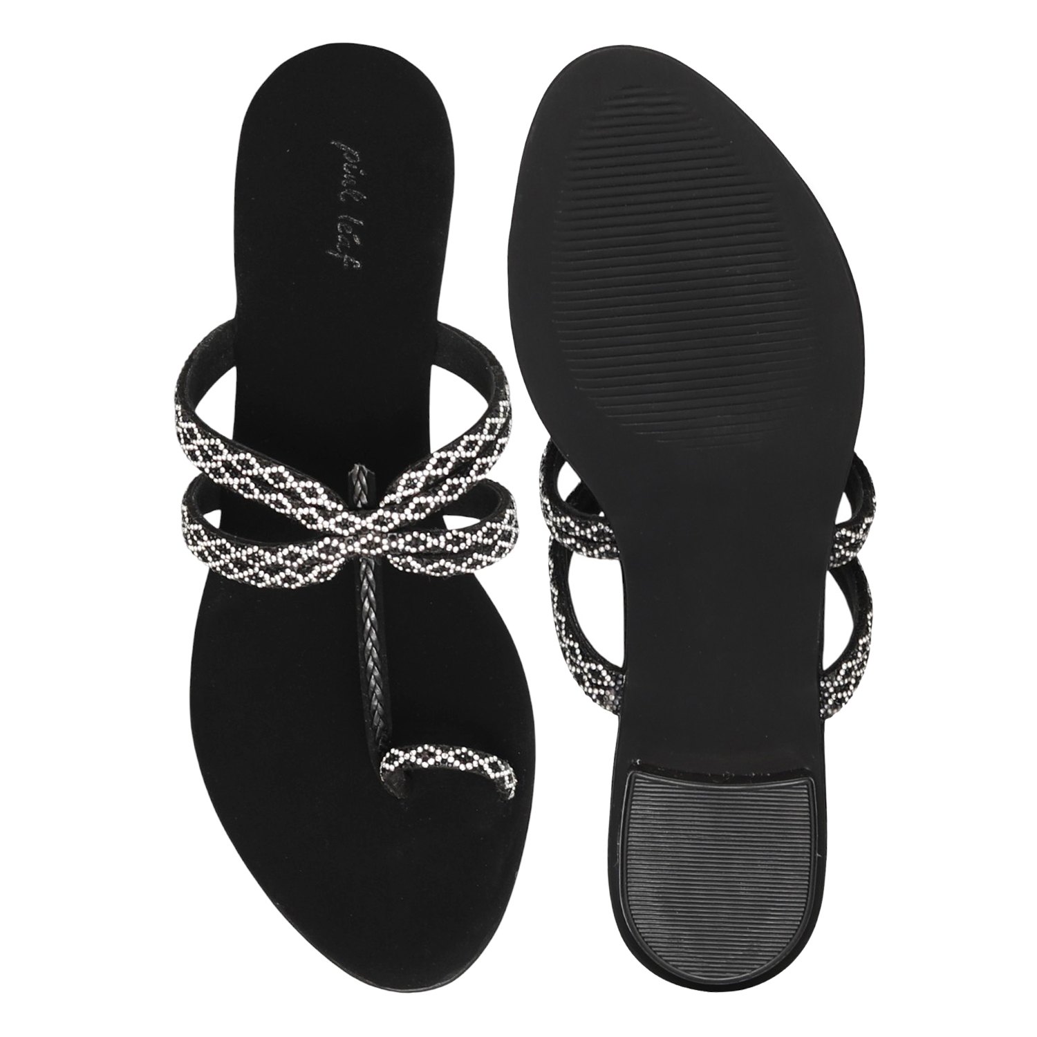 Women's Black Rib Jewel Toe-Ring Heels