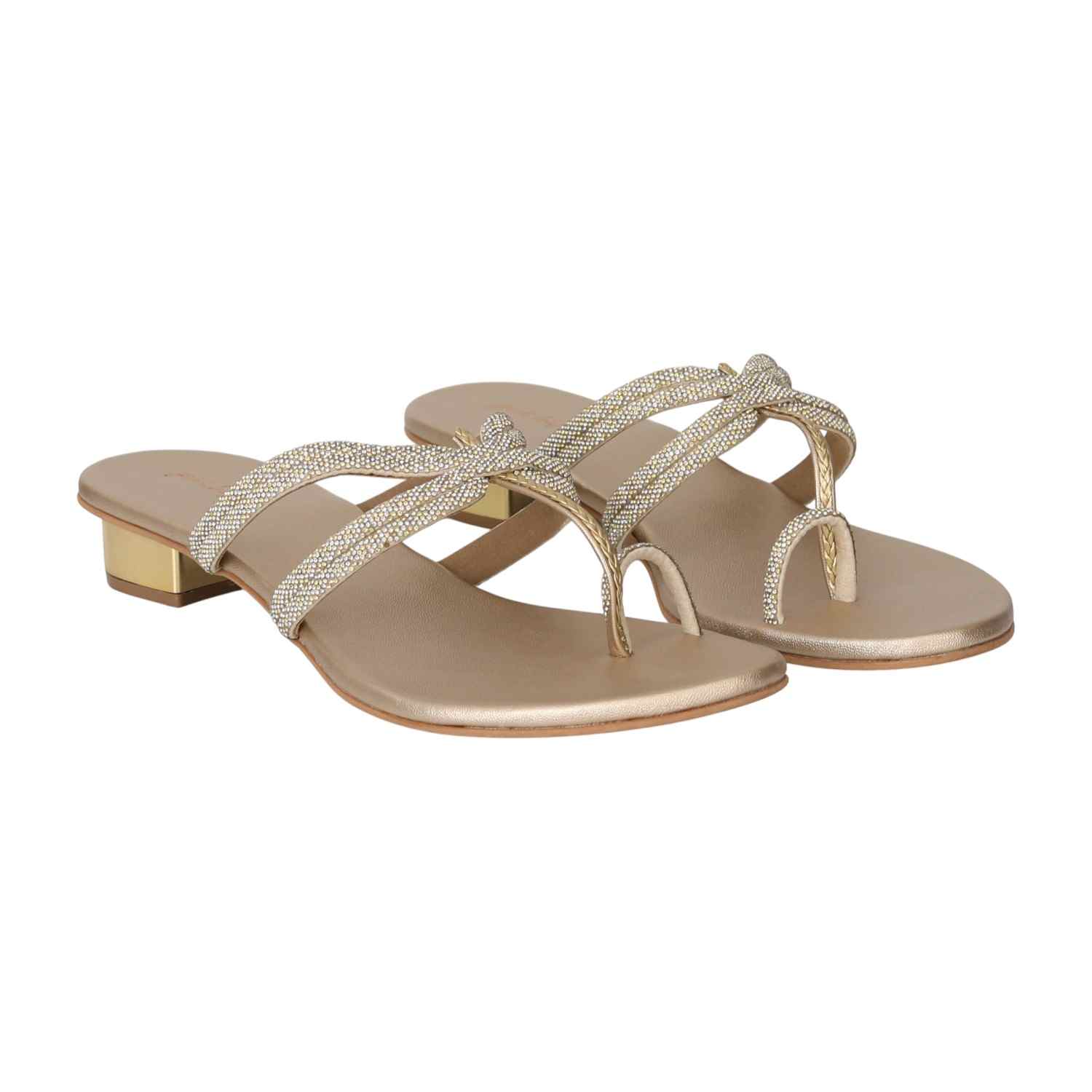 Women Light Gold Sparkle Toe-Ring Sandals