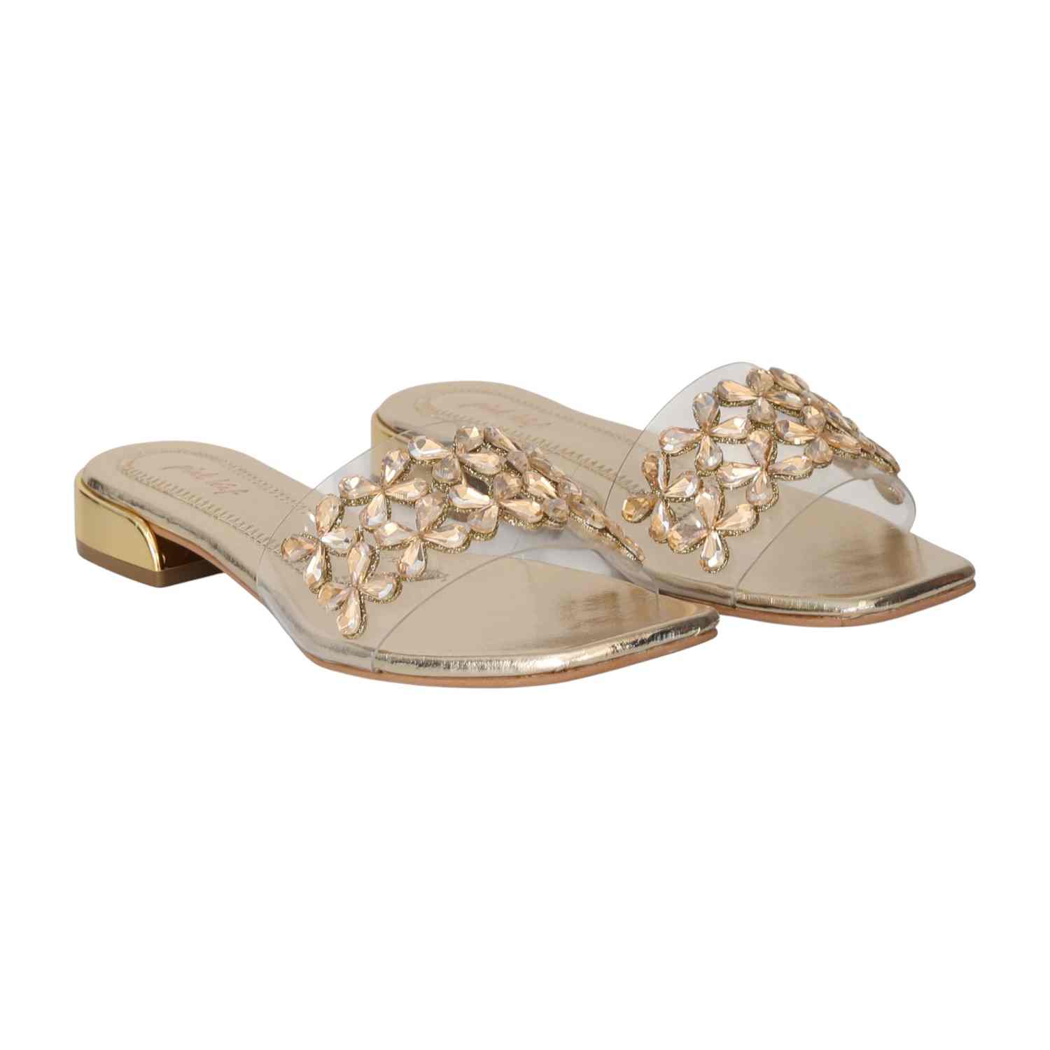 Women Light Gold Luxe Embellished Slide Sandals