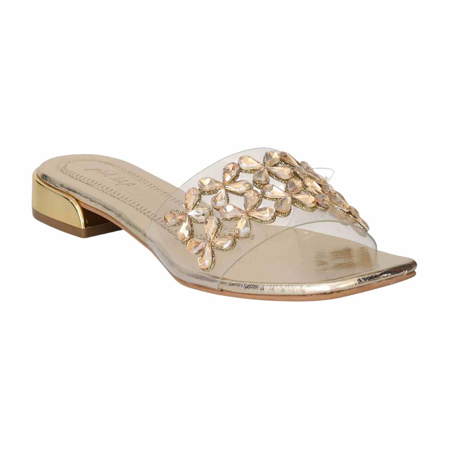 Women Light Gold Luxe Embellished Slide Sandals