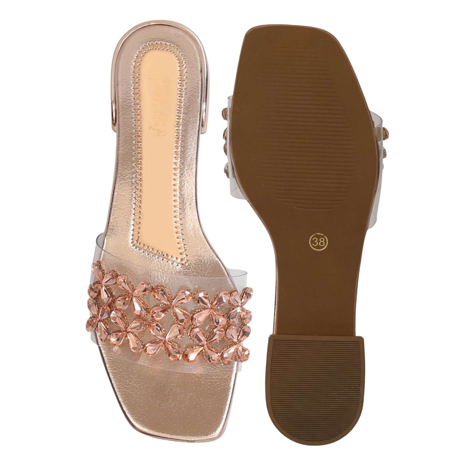 Women Rose Gold Embellished Slide Sandals