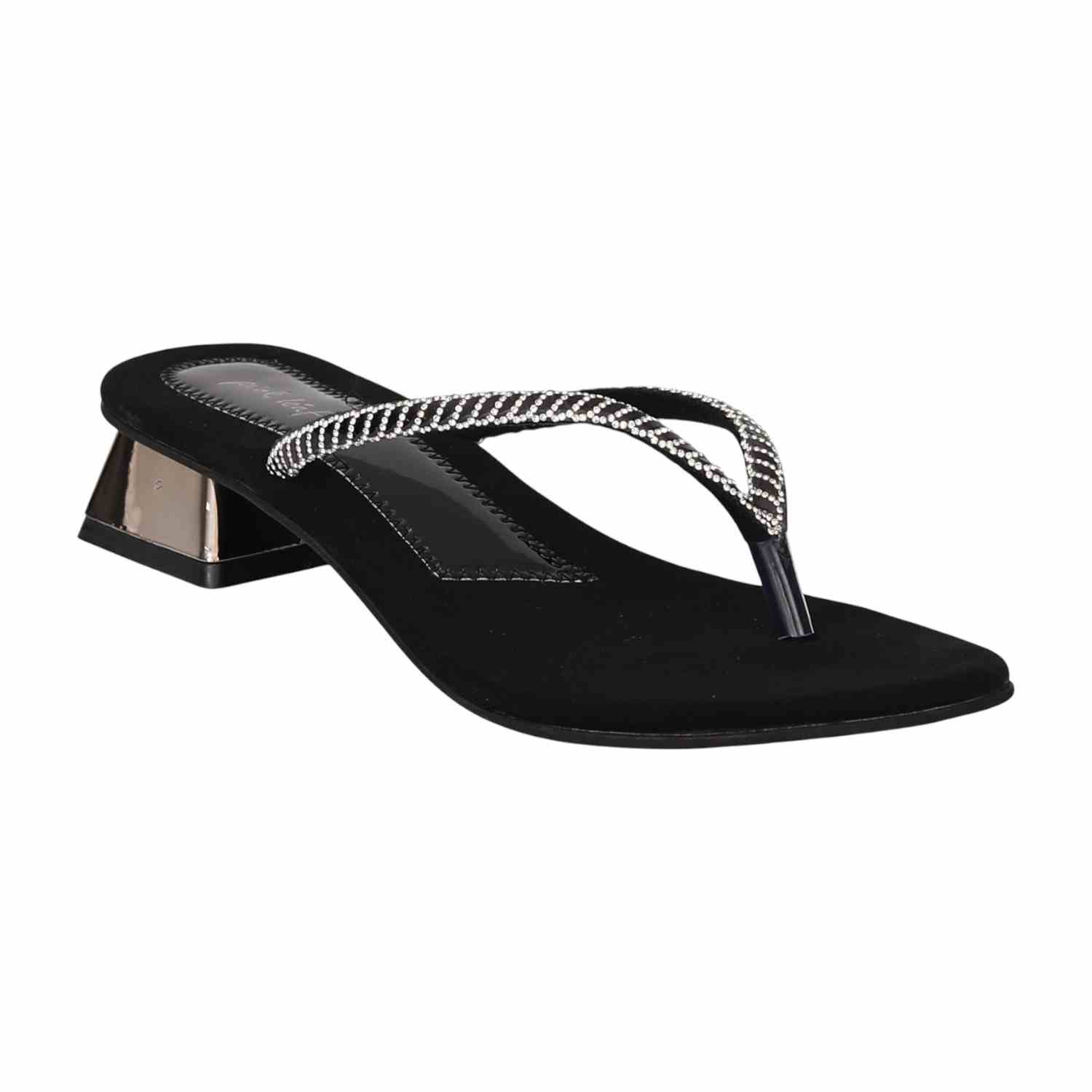 Women Black Elegant Shimmer Slip-On Sandals