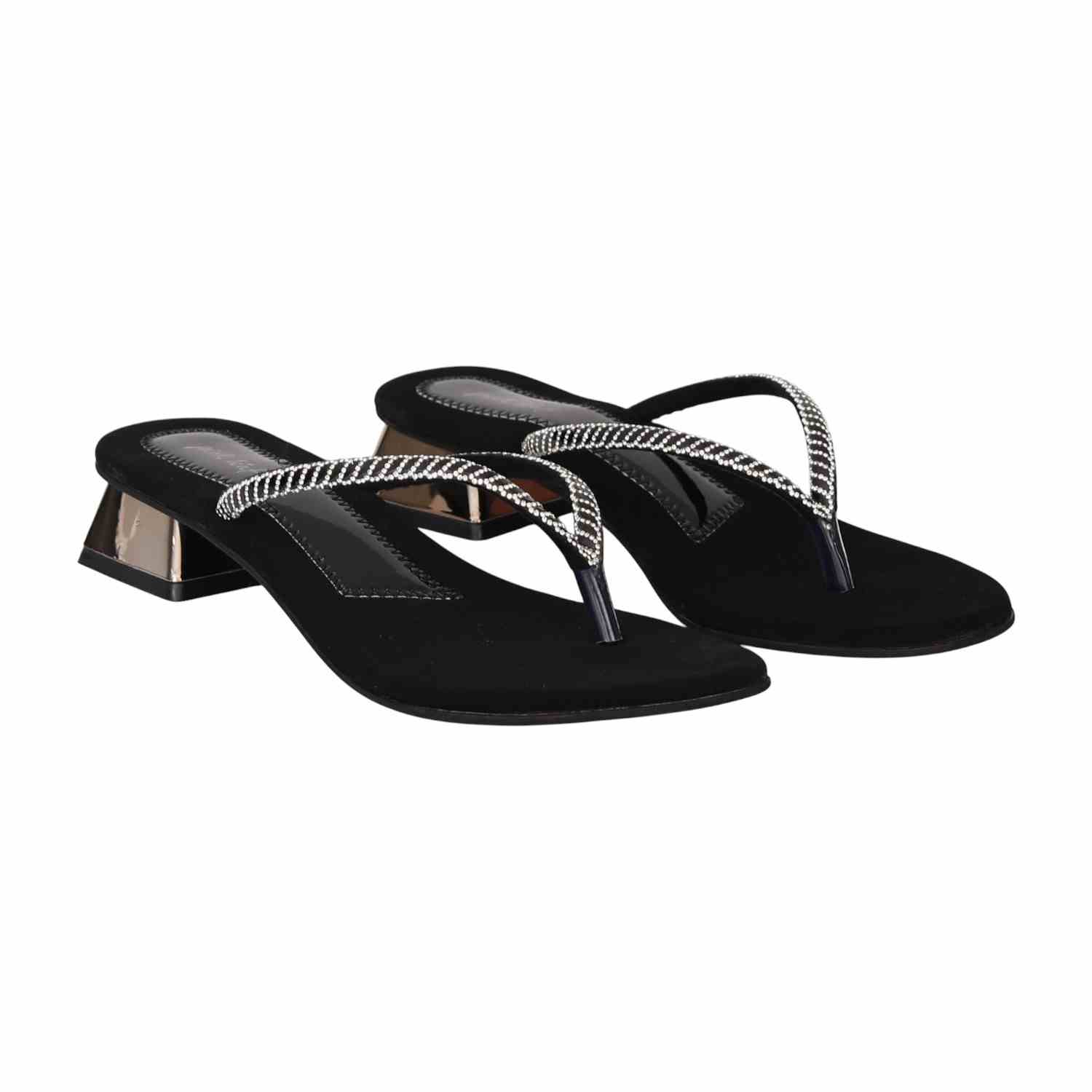 Women Black Elegant Shimmer Slip-On Sandals