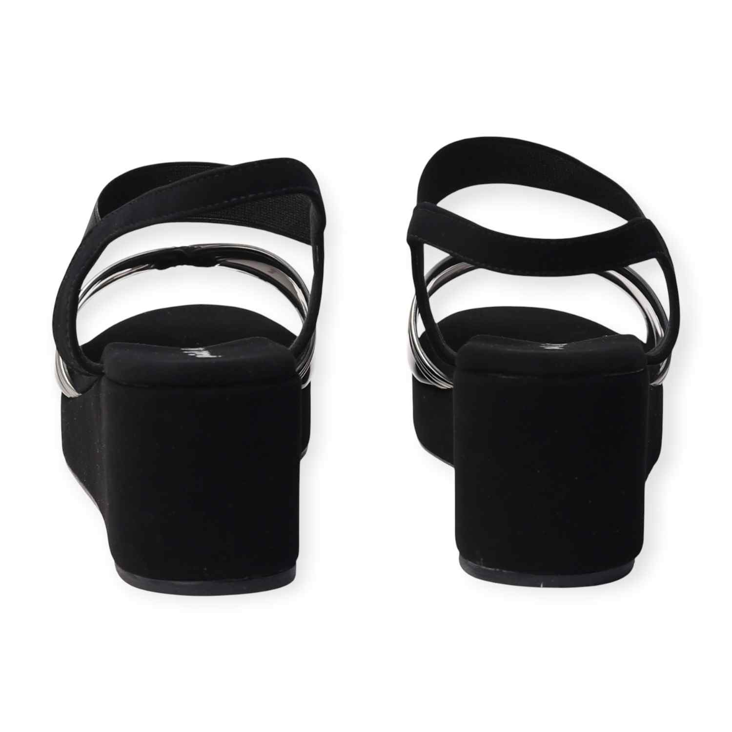 Pinkleaf Women’s Black Metallic Cross-Strap Wedge Sandals