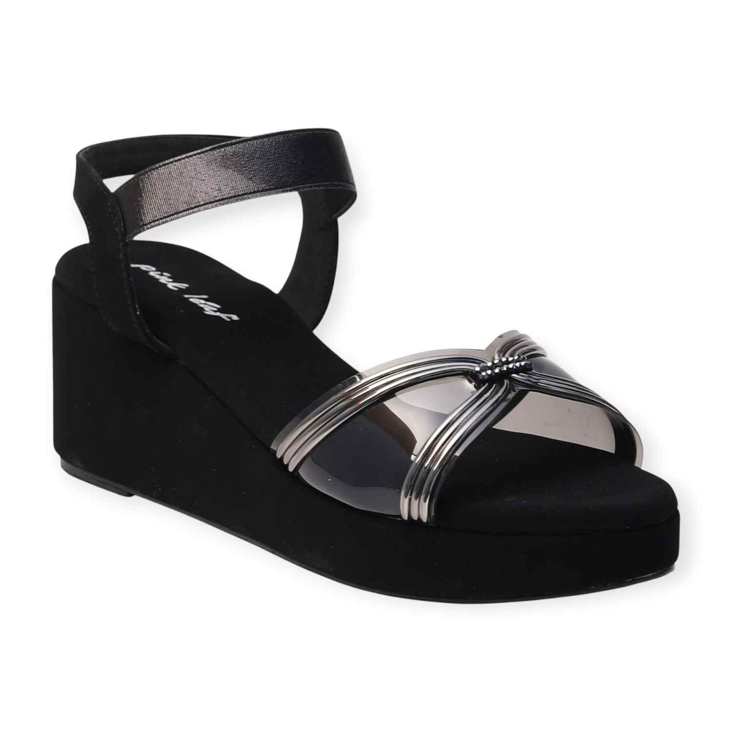Pinkleaf Women’s Black Metallic Cross-Strap Wedge Sandals